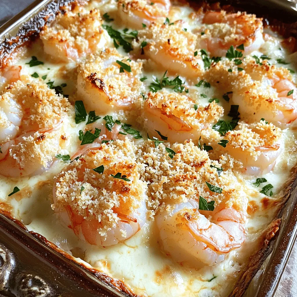 To make a great garlic shrimp gratin, you need a few key ingredients. First, take 1 pound of large shrimp. Make sure they are peeled and deveined for easy cooking. Next, you will need 4 cloves of minced garlic to give it that rich flavor. The creamy base comes from 1 cup of heavy cream. You also want cheese! Use 1 cup of grated Gruyère cheese and 1/4 cup of grated Parmesan cheese. To top it off, add 1/2 cup of panko breadcrumbs for that crispy finish. Don’t forget the butter and olive oil to sauté the shrimp and garlic.