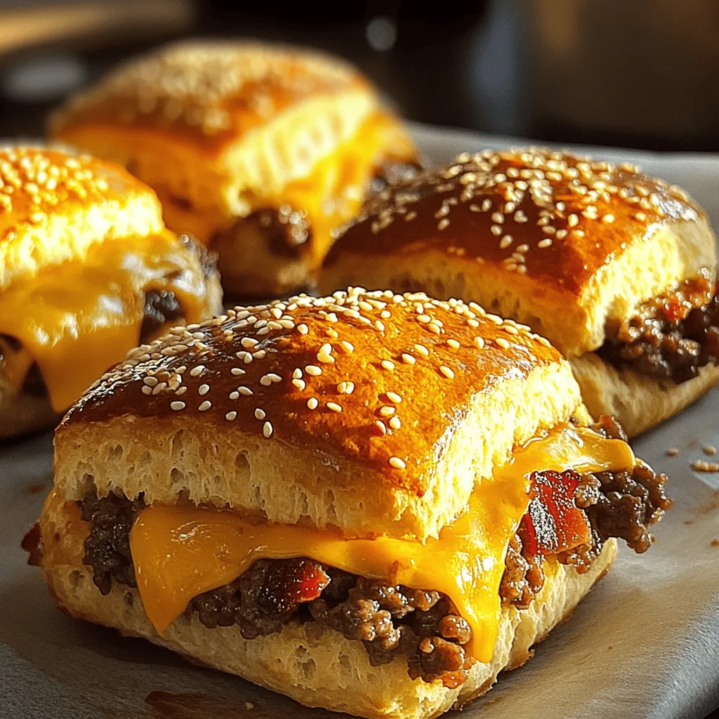 The main ingredients for beefy bacon cheeseburger bombs are simple but full of flavor. You will need 1 pound of ground beef. This beef gives the bombs their hearty base. Next, use 8 slices of crispy bacon, chopped for that smoky crunch. Add 1 cup of shredded cheddar cheese for a melty finish. Diced onion, about 1/2 cup, adds sweetness. You will also need 1 teaspoon of garlic powder and 1 teaspoon of smoked paprika. Salt and pepper will help enhance the taste. For the dough, grab a can of refrigerated biscuit dough. Finally, you need 1 tablespoon of Worcestershire sauce, 1 beaten egg for an egg wash, and sesame seeds for topping.