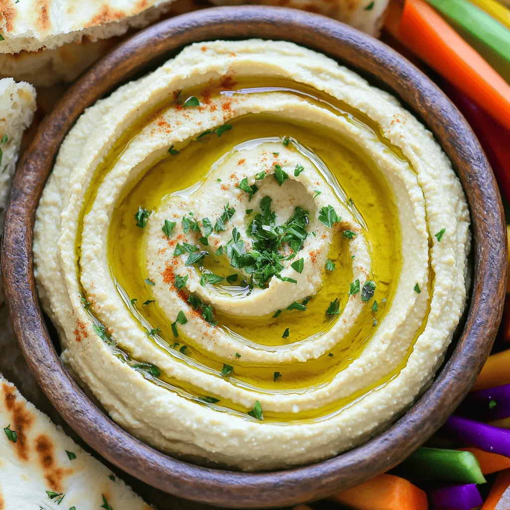 - 1 can (15 oz) chickpeas, drained and rinsed - 1/4 cup tahini - 2 tablespoons olive oil - 2 garlic cloves, minced - 2 tablespoons lemon juice - 1/2 teaspoon ground cumin - 1/4 teaspoon smoked paprika - Salt to taste - Ice water (as needed) - Fresh parsley, chopped (for garnish) - Extra olive oil (for drizzling) You can switch the chickpeas with any other beans or legumes. Black beans or white beans work well. If you don’t have tahini, you can make your own by blending sesame seeds with a bit of oil. You can also skip garlic or reduce it if you prefer less strong flavors. Start by preparing your ingredients. First, drain and rinse the chickpeas. This helps remove extra salt and improves flavor. Next, mince the garlic cloves. Fresh garlic adds a bright taste to your hummus. Ensure all your ingredients sit at room temperature. This step helps them blend better. Now, let’s blend! In your food processor, combine the chickpeas, tahini, olive oil, minced garlic, lemon juice, ground cumin, smoked paprika, and a pinch of salt. Blend the mixture until it’s smooth. Scrape down the sides of the bowl as needed. If your hummus is too thick, add ice water. Do this one tablespoon at a time until you reach the perfect creamy texture. Once blended, taste your hummus. Adjust the seasoning to your liking. You can add more salt, lemon juice, or cumin as needed. When it’s just right, transfer the hummus to a serving bowl. Drizzle some olive oil on top and sprinkle with fresh parsley for a nice look. Serve it with pita bread, vegetable sticks, or crackers. Enjoy your easy hummus! To get the best texture for your hummus, I suggest two main steps. First, add ice water gradually while blending. This helps to make the hummus smooth and creamy. Start with just a tablespoon. Blend for a bit, then add more if needed. Second, scrape down the sides of the bowl often. This ensures all the ingredients blend well. If you skip this, you might end up with lumps. Next, let’s talk about flavor! You can make your hummus even tastier by adding spices. A pinch of cayenne pepper gives a nice kick. You can also try smoked paprika for a smoky flavor. Fresh herbs work great too! Adding mint or cilantro can make the dip pop. Don’t be afraid to experiment. Each spice can change the taste. Now, how do you serve your hummus? It pairs well with many things. Pita bread is a classic choice. Fresh veggie sticks, like carrots and cucumbers, also work well. You can even use crackers for a crunch. At gatherings, try serving hummus in a bowl, drizzled with olive oil. Add some chopped parsley on top for color. This makes a great snack or appetizer. {{image_2}} You can easily change your hummus flavor. One tasty option is roasted red pepper hummus. To make this, blend roasted red peppers into the base recipe. It adds a sweet and smoky taste. Another exciting choice is spicy hummus with jalapeños. Just add chopped jalapeños to the mix. This gives your hummus a nice kick. Adjust the amount based on your heat preference. Making hummus gluten-free is simple. All the main ingredients are naturally gluten-free. Just ensure any added spices or flavors are also gluten-free for safety. For vegan variations, your hummus is already vegan when made with the standard recipe. You can add ingredients like nutritional yeast for a cheesy flavor, if that’s your style. Using seasonal vegetables or herbs can be fun. In spring, consider adding fresh peas or mint. These give a bright, fresh taste that’s perfect for warm weather. In fall, try pumpkin or roasted squash in your hummus. This adds a lovely color and flavor. Spice it with cinnamon or nutmeg for a cozy twist. These variations help you make hummus that fits any season or occasion.To store leftover hummus, place it in an airtight container. This keeps it fresh longer. You can use glass or plastic containers as they work well. Always let the hummus cool to room temperature before sealing it. This helps avoid extra moisture inside the container. Hummus lasts about 4 to 7 days in the refrigerator. Ensure you check for any changes in smell or color before eating. If you want to keep it longer, you can freeze it. Hummus can stay fresh in the freezer for up to three months. Just remember to store it in a freezer-safe container, leaving space for expansion. Leftover hummus can be used in many fun ways. You can spread it on sandwiches or wraps for extra flavor. It also makes a great base for salad dressings or dips. Try mixing it with yogurt for a creamy dip. This way, you can enjoy your hummus in new and tasty dishes. Making hummus is quick and easy! You only need about 10 minutes to prep and blend everything. The total time is also 10 minutes. This makes it a great option for a fast snack or dip. Yes, you can make hummus without tahini. Use more olive oil or add some yogurt instead. You can also blend in nuts like cashews. These options keep the dip creamy and tasty. Hummus pairs well with many foods. Try it with pita bread, carrot sticks, or cucumber slices. You can also serve it with crackers or chips. For a fun twist, use it as a spread on sandwiches. If your hummus is too watery, add more chickpeas or tahini. You can also mix in a bit of olive oil. Blend it well until you reach the right thickness. Always taste and adjust as needed. Absolutely! If using dried chickpeas, soak them overnight in water. Cook them until soft, then cool. Use these cooked chickpeas in your hummus for a fresher taste. Garnishing hummus is simple and fun! Drizzle olive oil on top for shine. Sprinkle smoked paprika or cumin for flavor. You can also add chopped fresh parsley or a few whole chickpeas for a nice look.This recipe will guide you in making the best hummus with step-by-step instructions and tips! This blog post provided a thorough guide to making delicious hummus. We covered key ingredients, including chickpeas, tahini, and spices. I shared step-by-step instructions for preparing and blending, along with tips to enhance flavor and achieve the right texture. Variations like roasted red pepper hummus can make your dish even better. Proper storage extends freshness, while thoughtful serving ideas make it perfect for gatherings. By exploring these tips and tricks, I hope you feel inspired to create your own hummus delight! Enjoy your culinary adventure.
