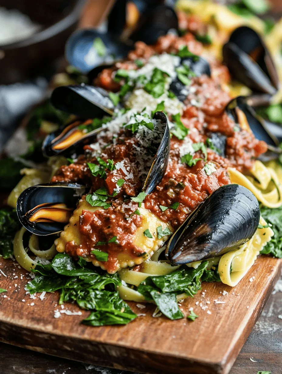 Spinach Fettuccine with Lobster Ravioli, Mussels, &#038; Meat Sauce Recipe