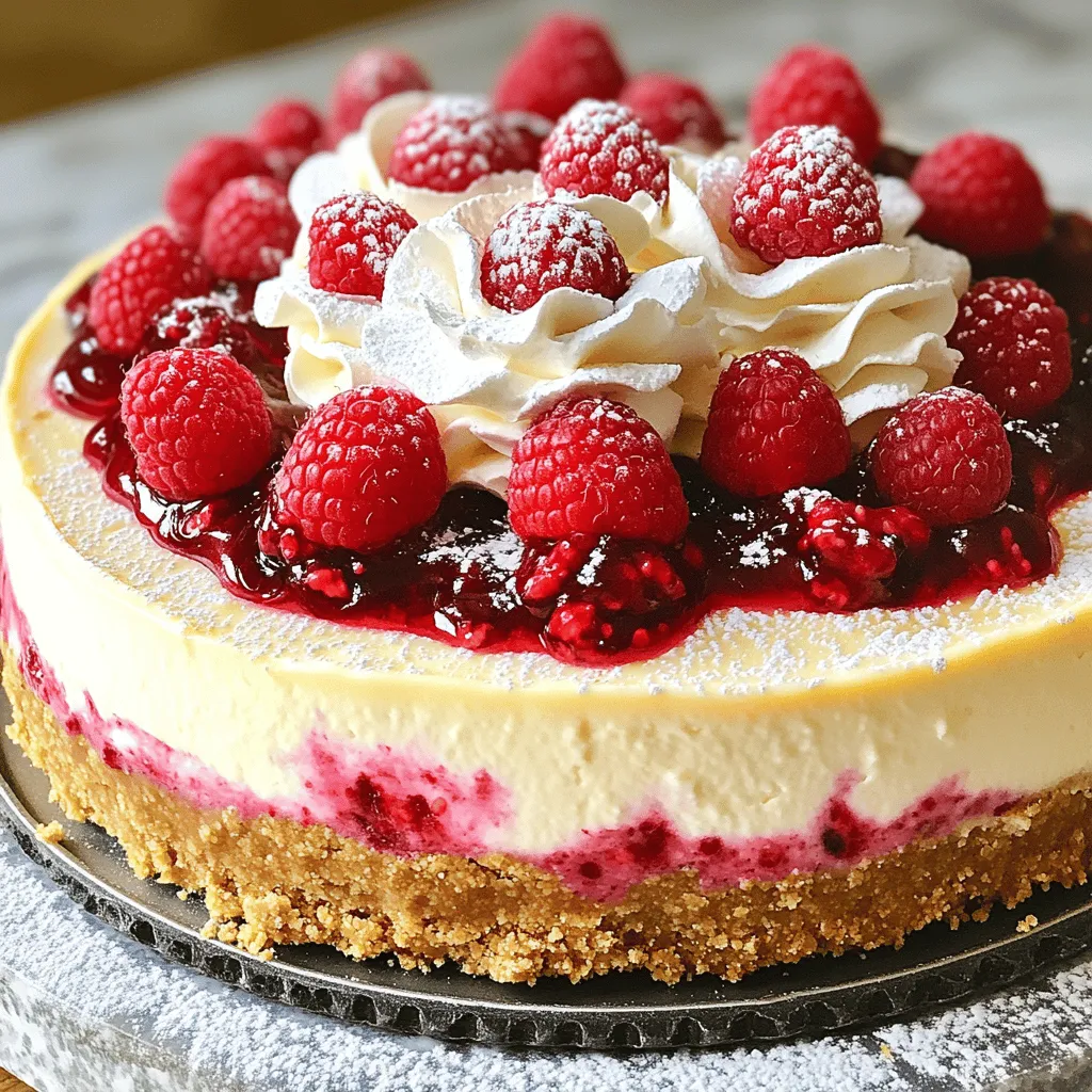 This cheesecake is a real treat. It has a smooth, creamy texture and a rich flavor. The crust is made from graham cracker crumbs, which adds a nice crunch. The filling is a mix of cream cheese and white chocolate, making it extra luscious. Topped with fresh raspberries and whipped cream, it looks as good as it tastes.