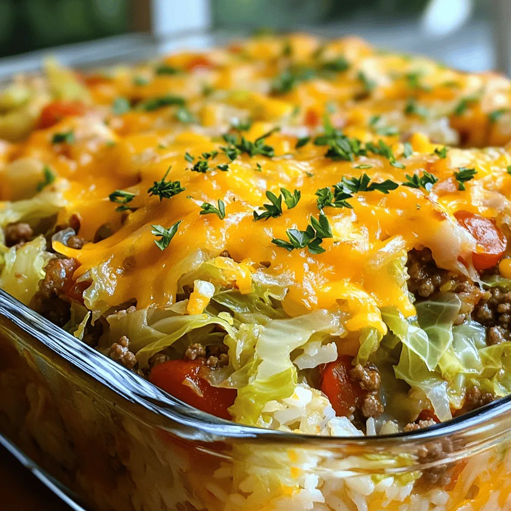The main ingredients for this comforting cabbage and ground beef casserole include chopped cabbage, ground beef, diced onion, minced garlic, diced tomatoes, cooked rice, and shredded cheddar cheese. Each ingredient adds to the dish’s heartiness. The cabbage provides a crunchy texture, while the ground beef gives it a rich flavor. The tomatoes add some acidity, balancing the dish. Rice binds everything together, making each bite satisfying. The cheese melts on top, creating a golden crust.