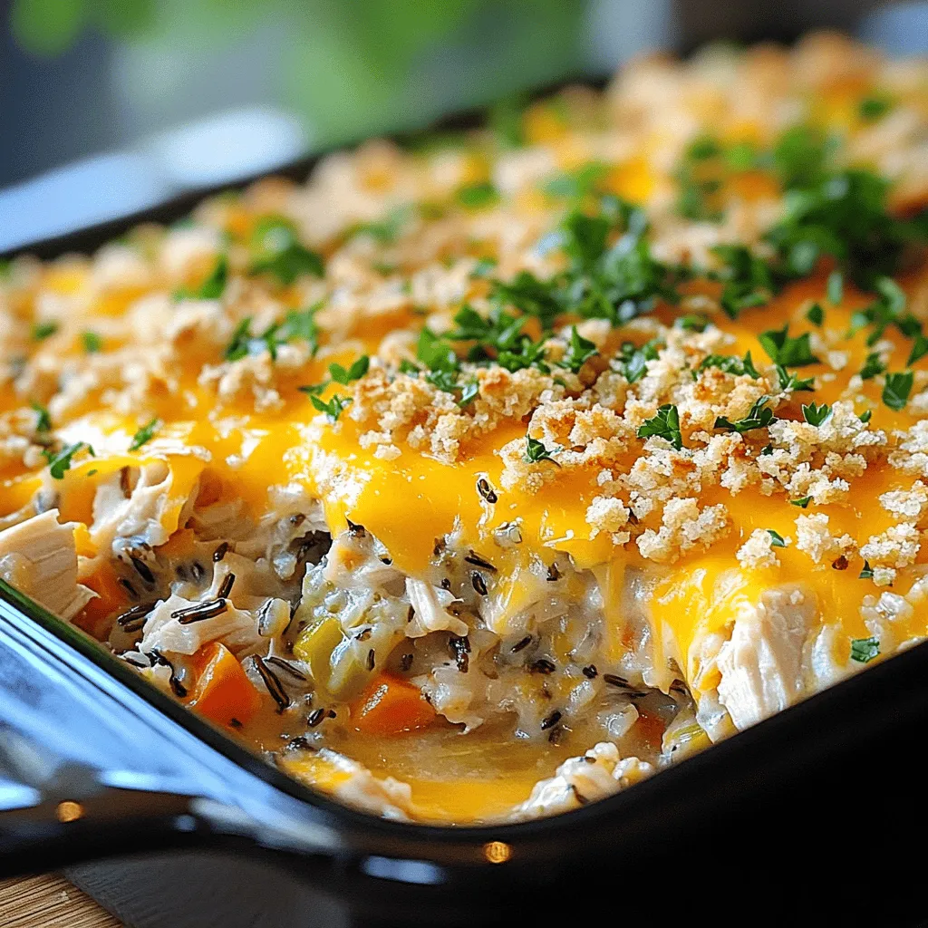 To make a tasty Chicken and Wild Rice Casserole, gather these key ingredients: - 2 cups cooked wild rice - 1 pound boneless, skinless chicken breasts, diced - 1 cup diced onion - 1 cup diced celery - 1 cup diced carrots - 3 cups low-sodium chicken broth - 1 cup milk - 1 cup frozen peas - 1 teaspoon dried thyme - 1 teaspoon garlic powder - 2 tablespoons olive oil - Salt and pepper to taste - 1 cup shredded cheddar cheese - ½ cup breadcrumbs