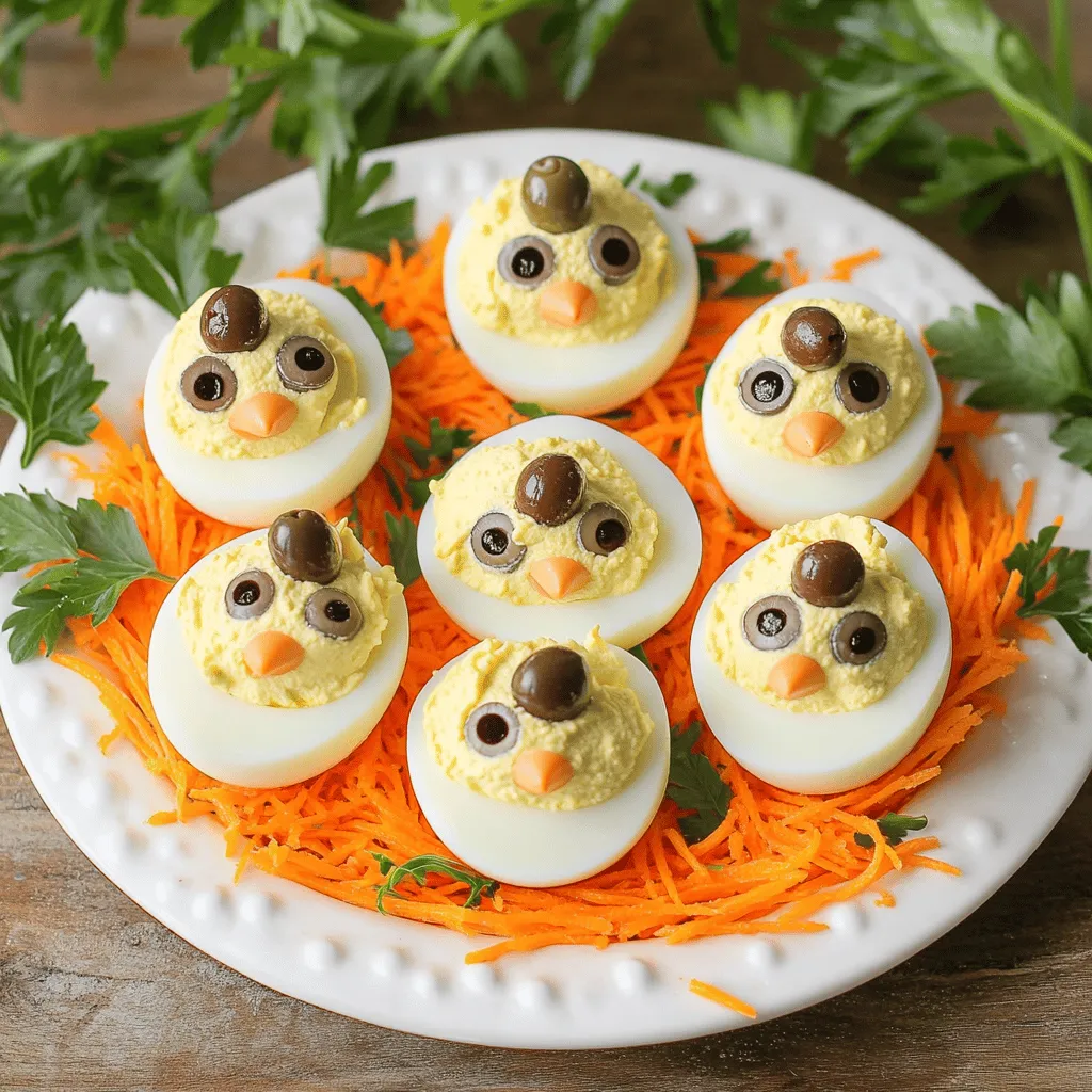 - 6 large eggs - 2 tablespoons mayonnaise - 1 teaspoon Dijon mustard - 1 teaspoon apple cider vinegar - Salt and pepper to taste - ¼ cup carrot, finely grated - 6 small olive slices (for eyes) - 6 whole peppercorns (for beaks) - Fresh parsley leaves (for garnish)