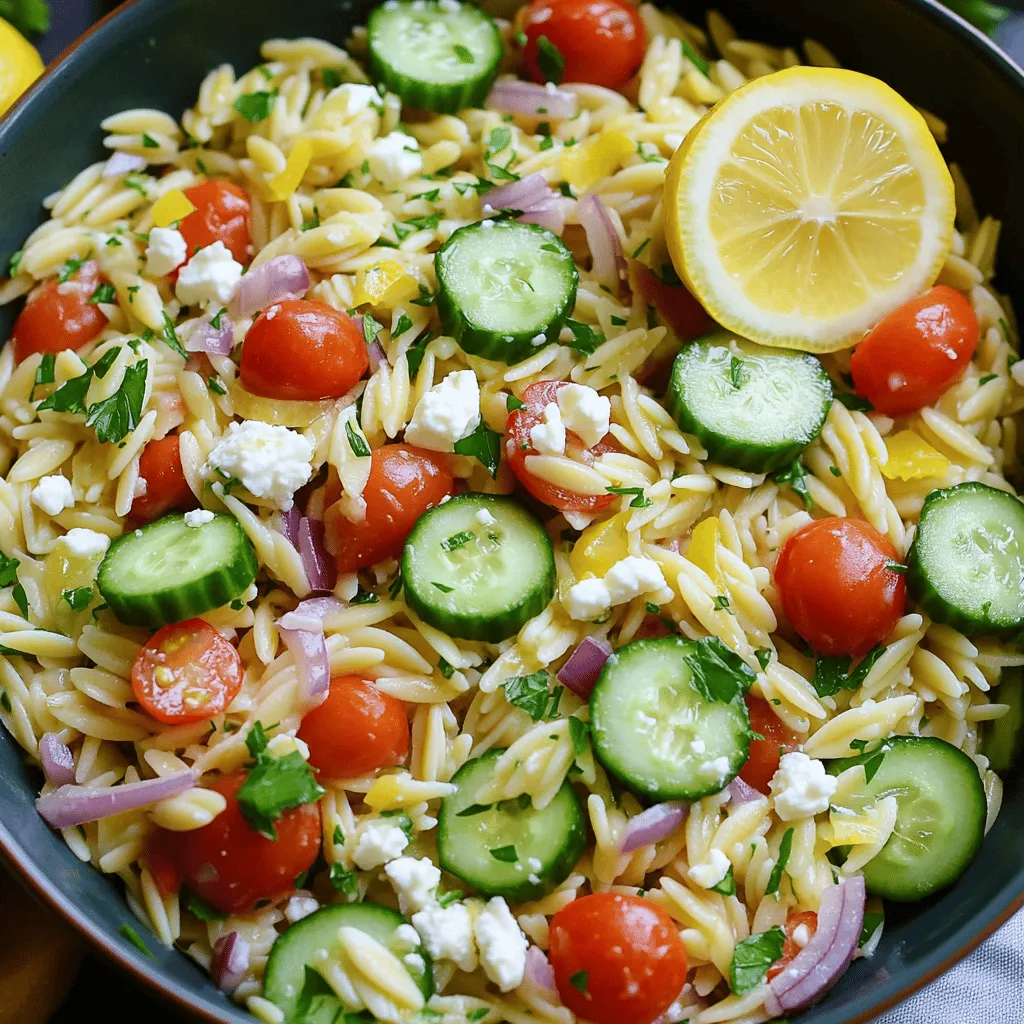 For a tasty lemon orzo pasta salad, you need fresh and vibrant ingredients. Start with 1 cup of orzo pasta. This small pasta shape holds flavor well. You will also need 2 cups of vegetable broth to cook the orzo. It adds depth to the dish.