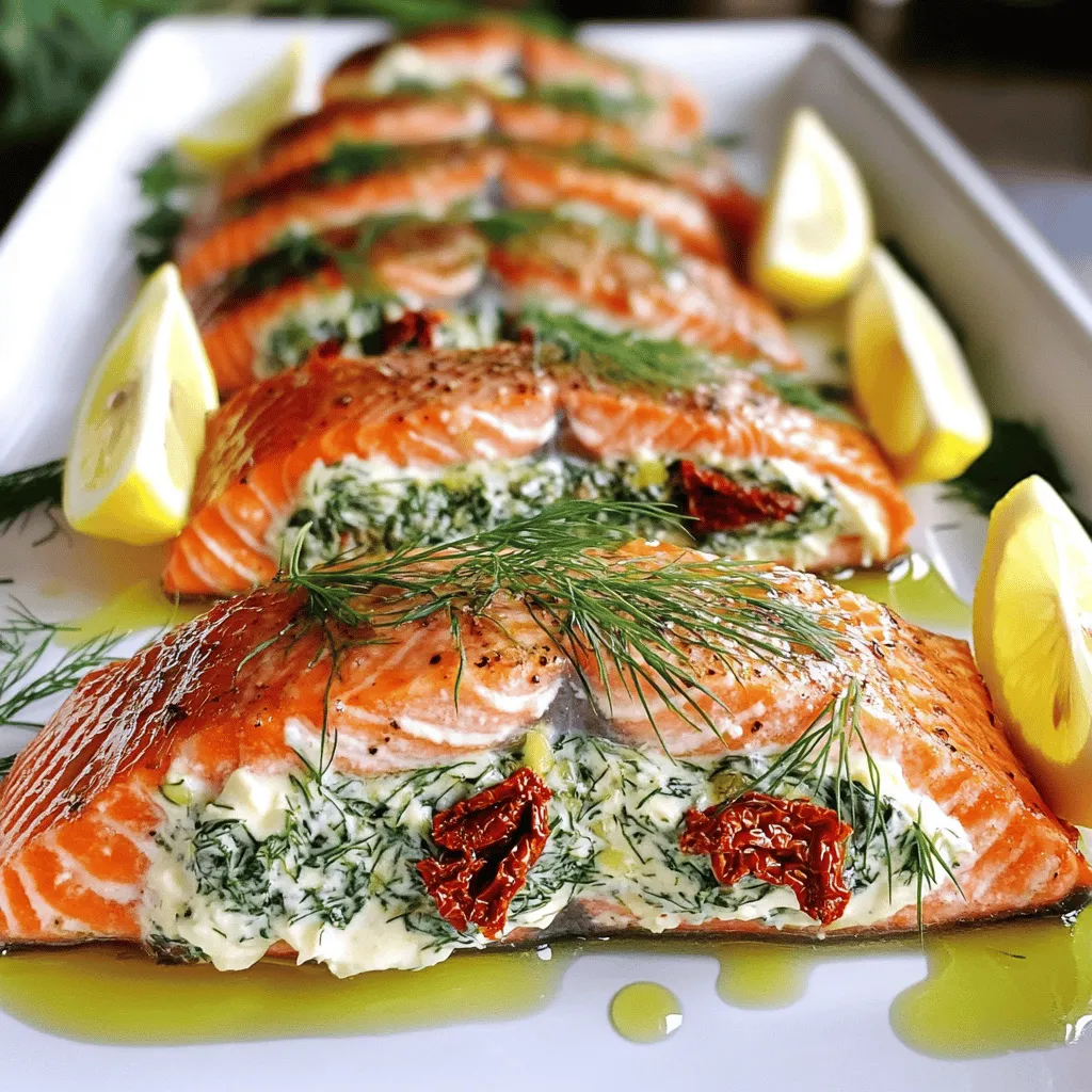 - Salmon fillets (4 pieces of 6 oz each) - Cream cheese (4 oz, softened) - Fresh spinach (1/2 cup, chopped) - Sun-dried tomatoes (1/4 cup, finely chopped) - Fresh herbs (dill, 2 tablespoons) - Additional flavor (lemon juice, garlic, salt, and pepper) - Cooking essentials (olive oil for drizzling)