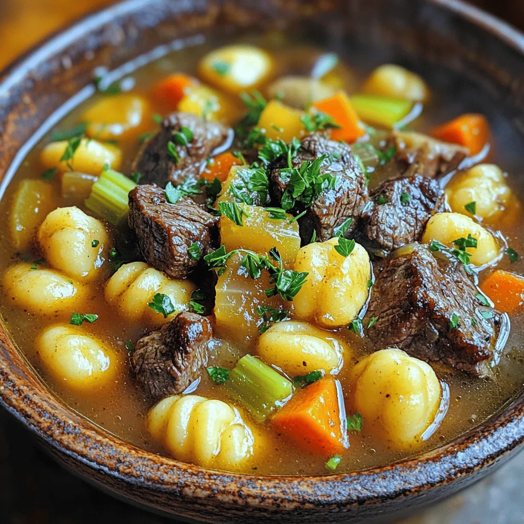 To make a great potato gnocchi beef stew, you need some key ingredients. First, use 1 pound of beef stew meat, cut into bite-sized pieces. This beef adds richness and flavor. Next, grab 2 tablespoons of olive oil to sear the beef. You will also need 1 medium onion, 2 cloves of garlic, 3 medium carrots, and 2 celery stalks. These veggies bring sweetness and depth to the stew. Don’t forget 4 cups of beef broth, 2 medium potatoes, and 1 tablespoon of tomato paste. The broth keeps it hearty, while the tomato paste adds a touch of acidity. Finally, you need a package of potato gnocchi for that comforting finish.