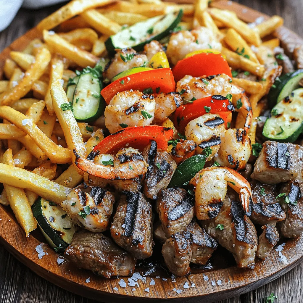 - Chicken breast - Beef steak - Shrimp - Vegetables (red bell pepper, zucchini) - Skewers