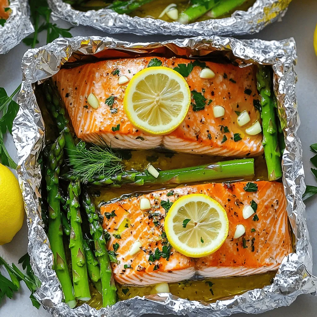 Baked Salmon in Foil with Asparagus and Garlic Sauce