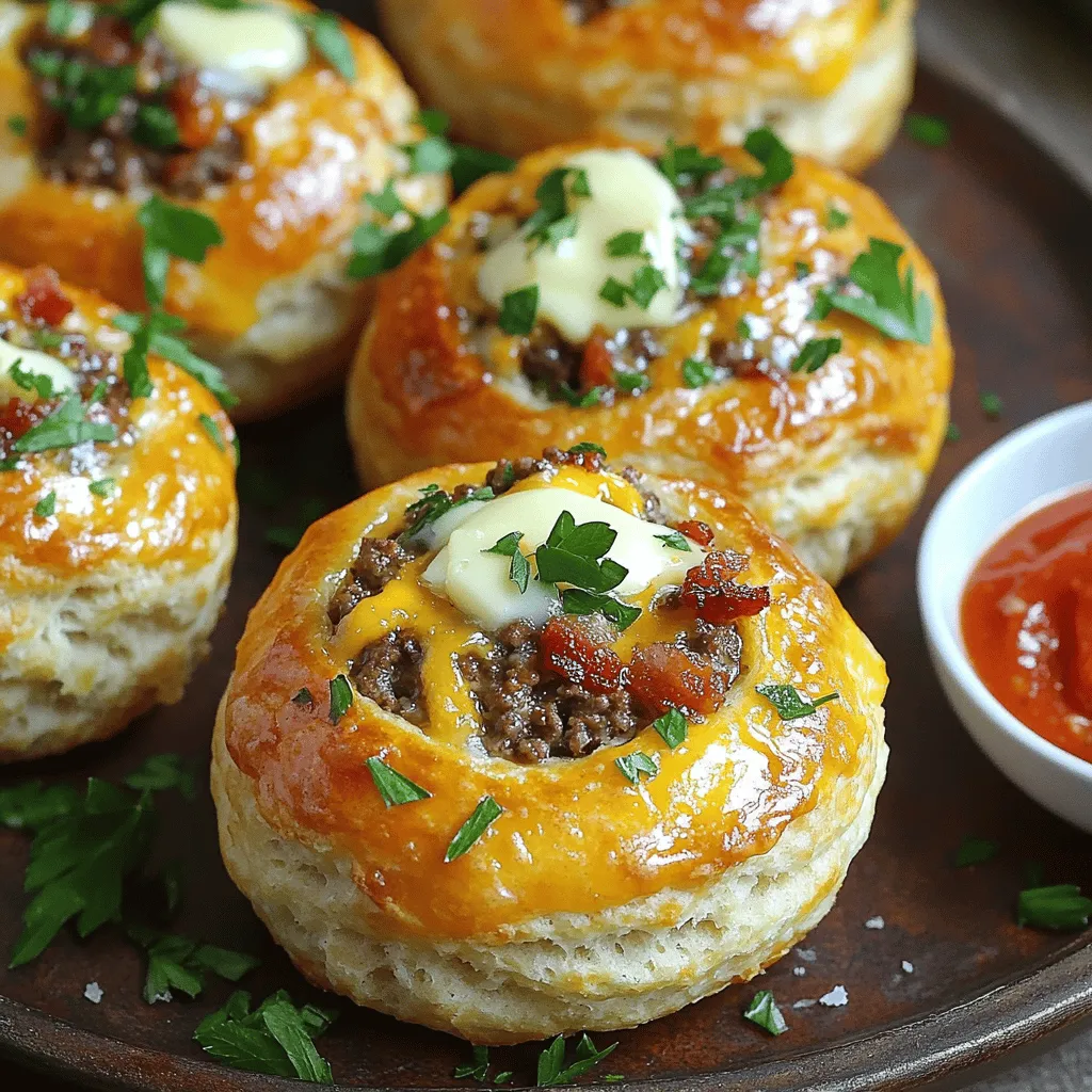 Garlic Parmesan Bacon Cheeseburger Bombs are tasty savory snacks. They mix rich flavors of beef, cheese, and bacon. These bombs come wrapped in soft biscuit dough. Each bite bursts with flavor, making them a hit at any gathering.