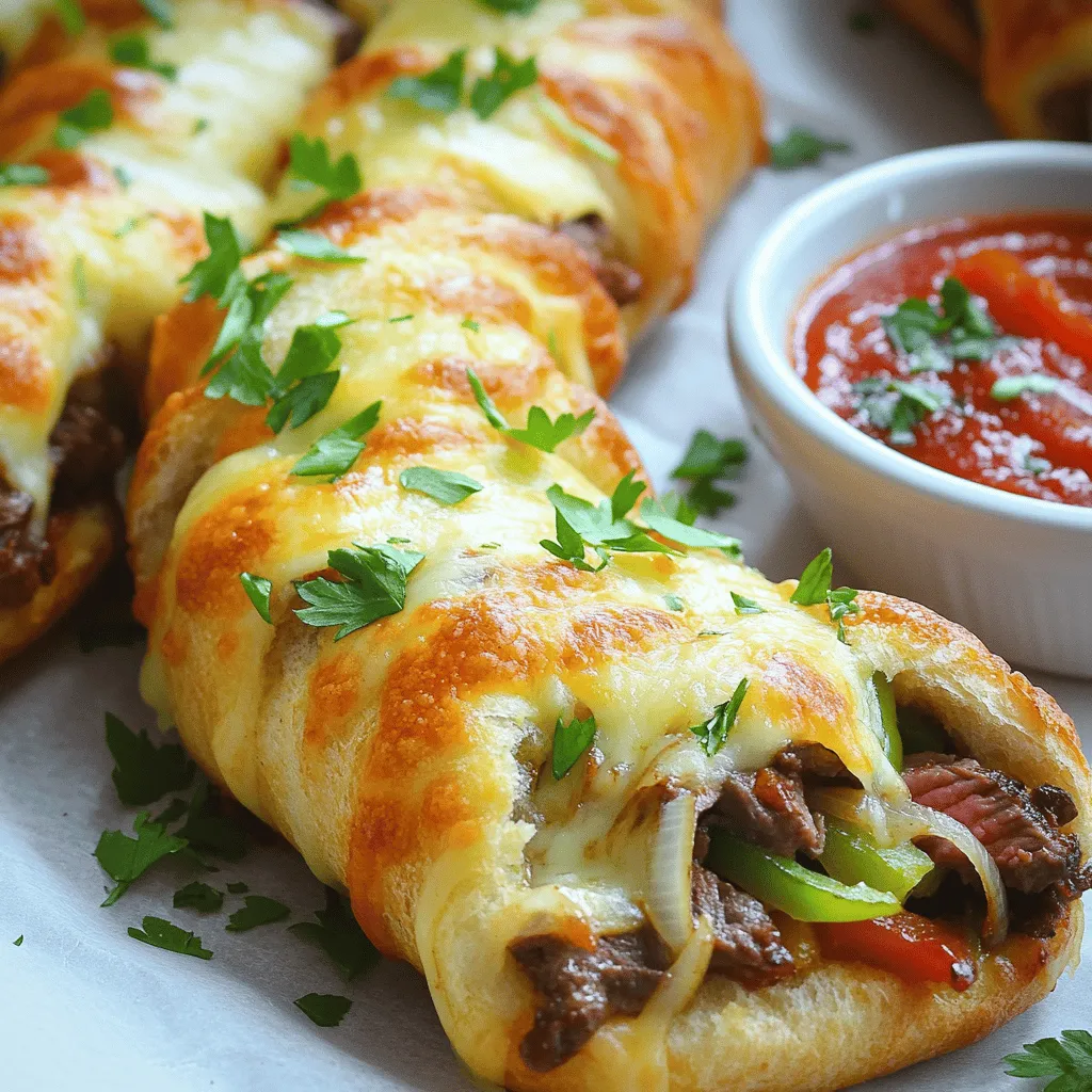 The main ingredients for Philly Cheesesteak Stuffed Cheesy Breadsticks are simple yet packed with flavor. You need 1 pound of pizza dough, which can be store-bought or homemade. For the filling, use 1/2 pound of thinly sliced ribeye steak. You also need 1/2 cup of finely chopped onion and 1/2 cup of finely chopped green bell pepper.