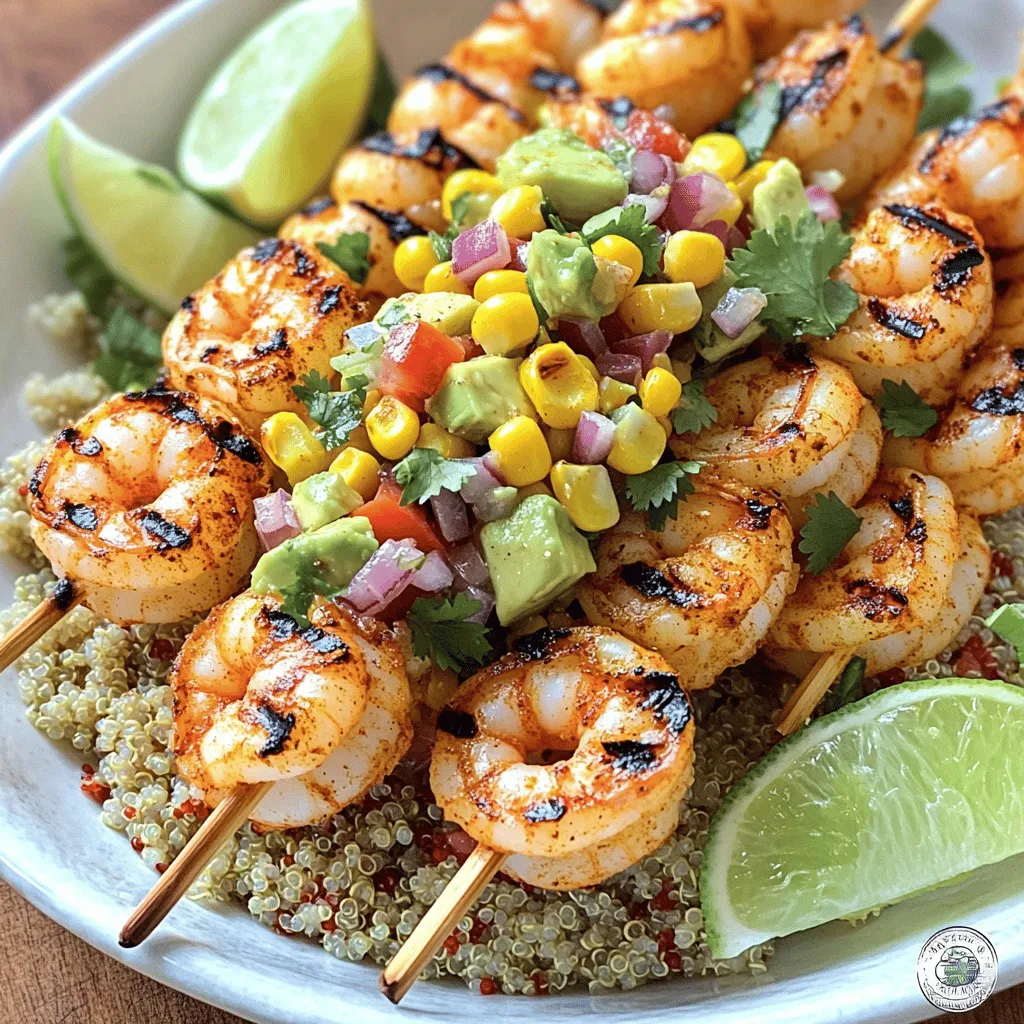 - 1 lb large shrimp, peeled and deveined - 2 tablespoons olive oil - 1 teaspoon smoked paprika - 1 teaspoon garlic powder - Salt and black pepper to taste - 1 cup cooked quinoa or rice - 1 avocado, diced - 1 cup corn (fresh, frozen, or canned) - 1 small red onion, finely chopped - 1 diced red bell pepper - 1 lime, juiced - 2 tablespoons chopped fresh cilantro When you gather your ingredients, start with the shrimp. You want fresh or thawed shrimp, peeled and deveined for easy eating. The olive oil helps the spices stick and adds flavor. Smoked paprika gives a nice depth, while garlic powder adds warmth. Don’t forget the salt and pepper; they bring out all the tastes. For the base, I love using quinoa or rice. They both add a great texture. Next, the salsa is key to this dish. The diced avocado brings creaminess, and corn adds a sweet crunch. Red onion and red bell pepper give it color and bite. A squeeze of lime brightens it all up. Finally, fresh cilantro ties everything together with its fresh flavor. This dish comes together quickly.Enjoy the mix of flavors and textures in this vibrant bowl! First, I preheat the grill to medium-high heat. This step is key for a nice sear. Next, I prepare the shrimp by placing them in a bowl. I add 2 tablespoons of olive oil, 1 teaspoon of smoked paprika, 1 teaspoon of garlic powder, and some salt and black pepper. I toss everything together until the shrimp are well coated. This mixture adds flavor and helps the shrimp cook nicely. Now, I thread the shrimp onto skewers. If I use wooden skewers, I soak them in water for 30 minutes first. I place the skewers on the grill, cooking the shrimp for 2-3 minutes on each side. I know they are done when they turn pink and opaque. Once grilled, I remove them from the heat and set them aside. In a separate bowl, I combine the salsa ingredients. I add 1 cup of corn, 1 diced avocado, 1 small chopped red onion, and 1 diced red bell pepper. Then, I squeeze in the juice of 1 lime and sprinkle in 2 tablespoons of chopped fresh cilantro. Gently, I toss the ingredients together. This salsa is fresh and bright, perfect for our grilled shrimp. To assemble the bowls, I start with a base of 1 cup of cooked quinoa or rice. I scoop it into each bowl. Then, I top the quinoa with the grilled shrimp. Finally, I add a generous scoop of the avocado and corn salsa on top. For extra flavor, I might drizzle a bit of olive oil and give it an extra squeeze of lime. This dish is colorful and full of flavor.To get great shrimp, soak wooden skewers in water for 30 minutes. This stops them from burning on the grill. Grill the shrimp for 2-3 minutes on each side. Look for a bright pink color. When the shrimp turn opaque, they are ready. Don