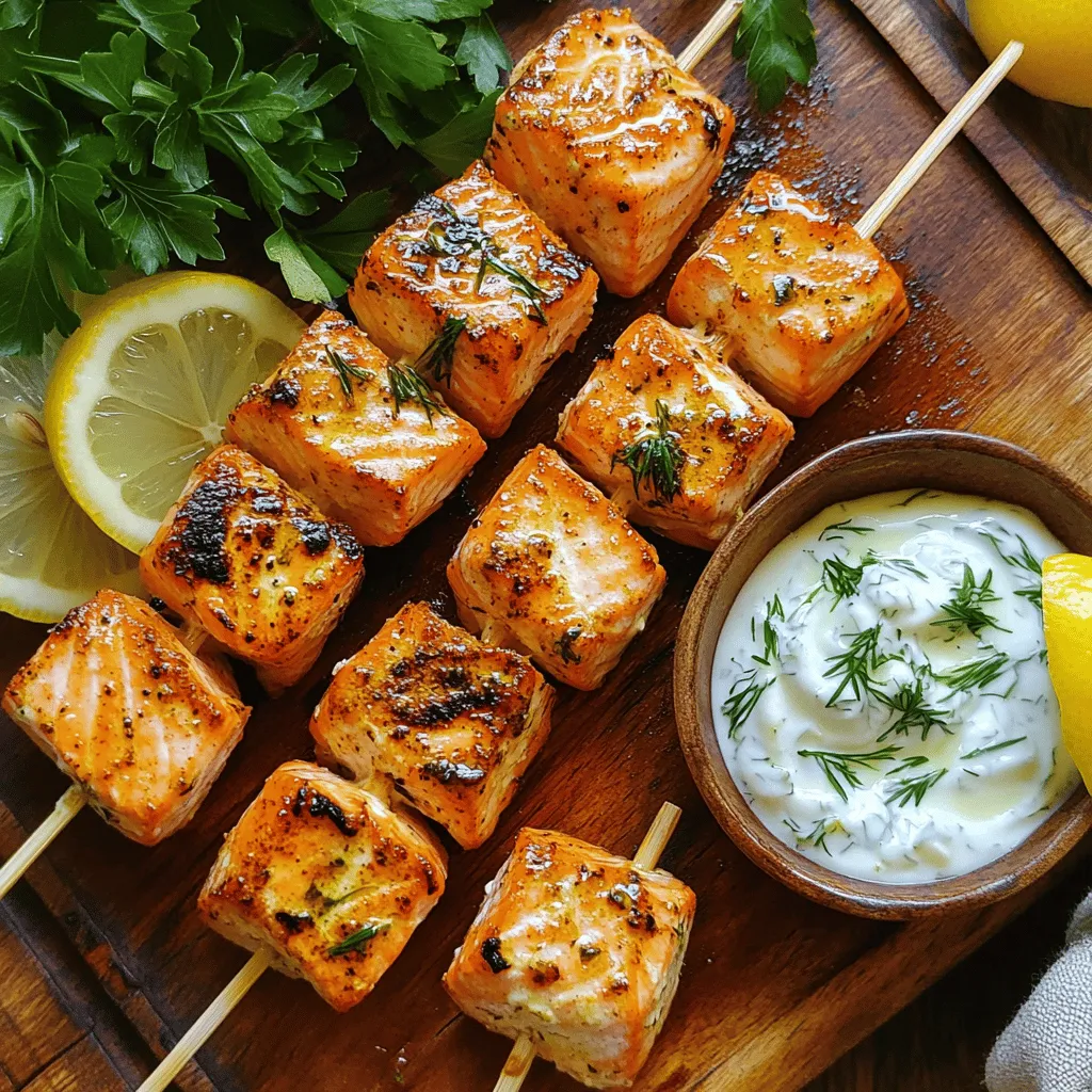 Grilled Salmon Skewers with Creamy Dill Yogurt Sauce: A Flavorful Delight