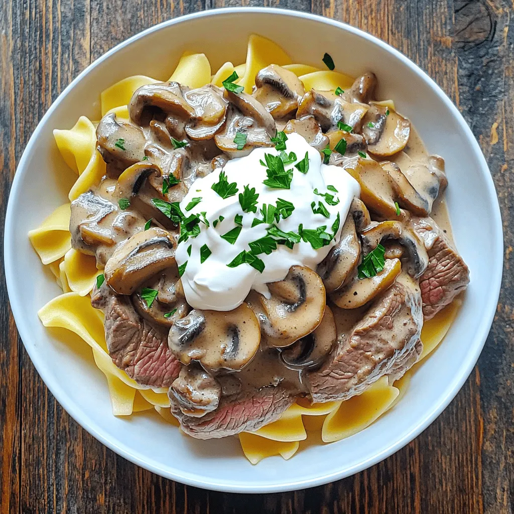 - 1 lb (450g) beef sirloin, thinly sliced - 2 tablespoons olive oil - 1 medium onion, finely chopped - 2 garlic cloves, minced - 8 oz (225g) cremini mushrooms, sliced - 1 cup beef broth (low sodium)