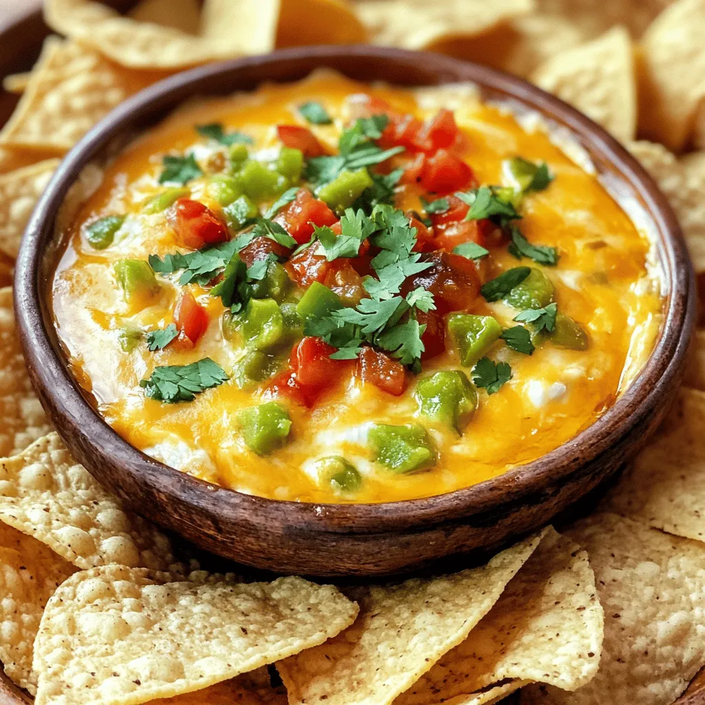 To make a great chili queso dip, you need a few key ingredients. First, I always use sharp cheddar cheese. It melts well and adds a strong flavor. You will need two cups of shredded sharp cheddar cheese. Next, one cup of cream cheese gives the dip a creamy base.