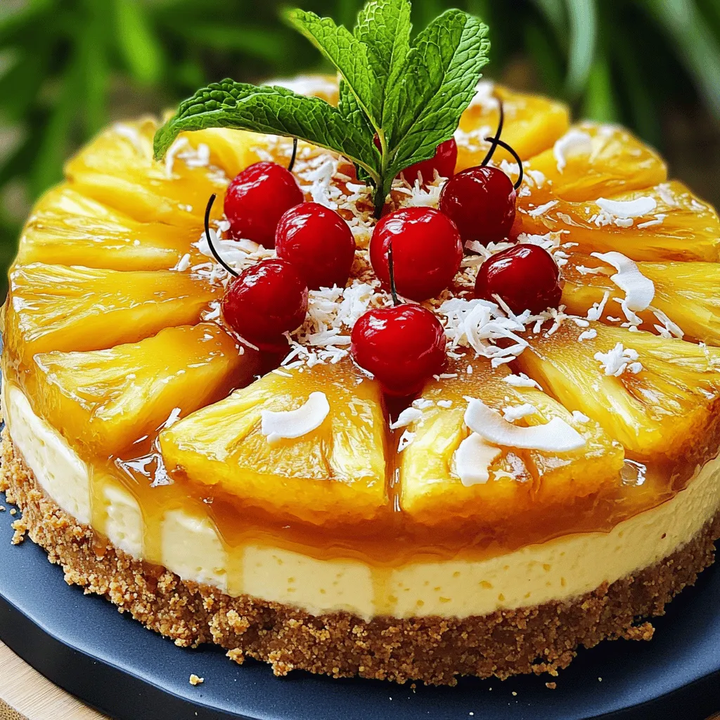 To make this tasty cheesecake, gather these key items: - 1 cup crushed digestive biscuits - 1/4 cup unsalted butter, melted - 2 cups cream cheese, softened - 1 cup granulated sugar - 1 teaspoon vanilla extract - 2 large eggs - 1/2 cup sour cream - 1 can (20 oz) sliced pineapple, drained - 1/2 cup brown sugar - 1 teaspoon ground cinnamon