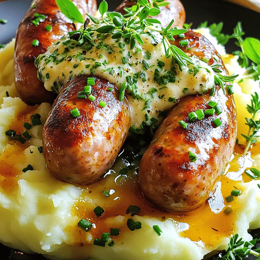 To make an easy bangers and mash recipe, you need just a few simple steps. First, gather your ingredients. For this dish, you will need pork sausages, russet potatoes, butter, garlic, thyme, chives, milk, salt, and pepper. You can also add Dijon mustard for a nice kick.