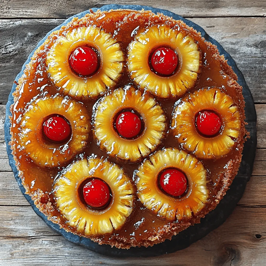 To make this delightful cake, gather these main ingredients: - 1 can (20 oz) sliced pineapple in juice - 1/2 cup (1 stick) unsalted butter, melted - 1 cup brown sugar, packed - 9 maraschino cherries - 1 3/4 cups all-purpose flour - 1 cup granulated sugar - 1 tablespoon baking powder - 1/2 teaspoon salt - 1/2 cup milk - 2 large eggs - 1 teaspoon vanilla extract