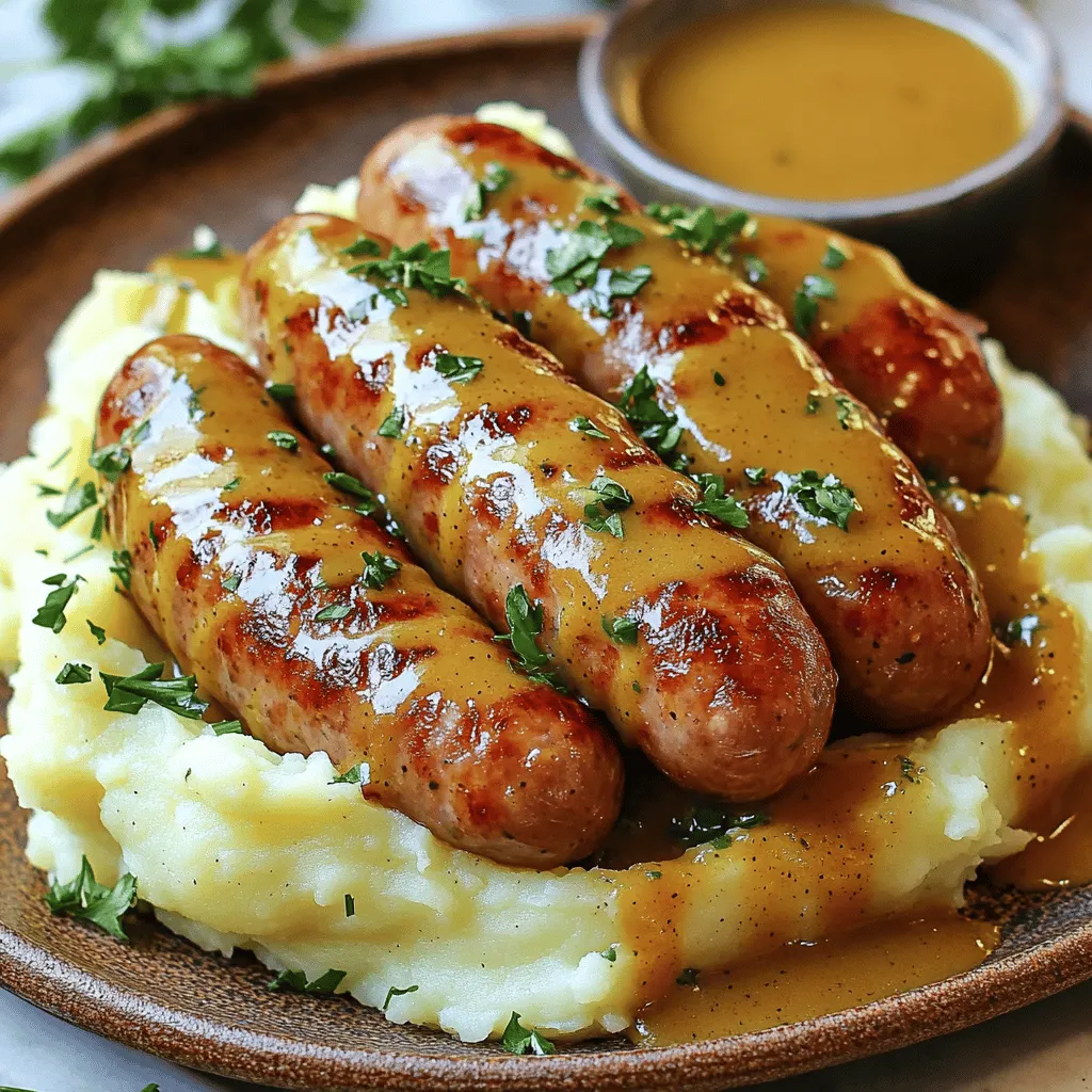 - Pork sausages (6, your choice of flavor) - Potatoes (4 medium, peeled and quartered) - Milk (1 cup) - Butter (4 tablespoons)