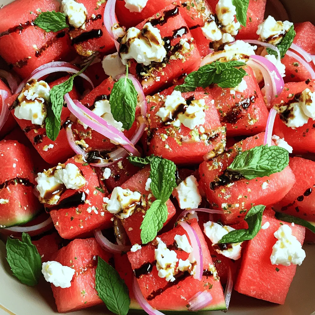 What are the essential ingredients to include? A great watermelon salad needs fresh, juicy watermelon. For a twist, add crumbled feta cheese. This gives a creamy taste that pairs well with watermelon. You can also include thinly sliced red onion for crunch. Fresh mint leaves add bright flavor and color. Olive oil and balsamic glaze bring it all together. A pinch of salt and pepper enhances the taste.