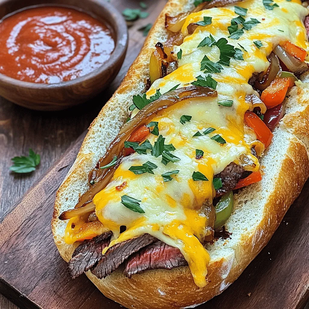 For a great Philly cheesesteak cheesy bread, you need key ingredients. First, get a large French bread loaf. This will be the base for your dish. Next, use one pound of ribeye steak, sliced thin. The ribeye gives great flavor and tenderness.