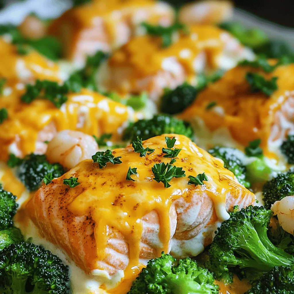 Savory Salmon, Shrimp, Cheesy Broccoli with Corn Meal