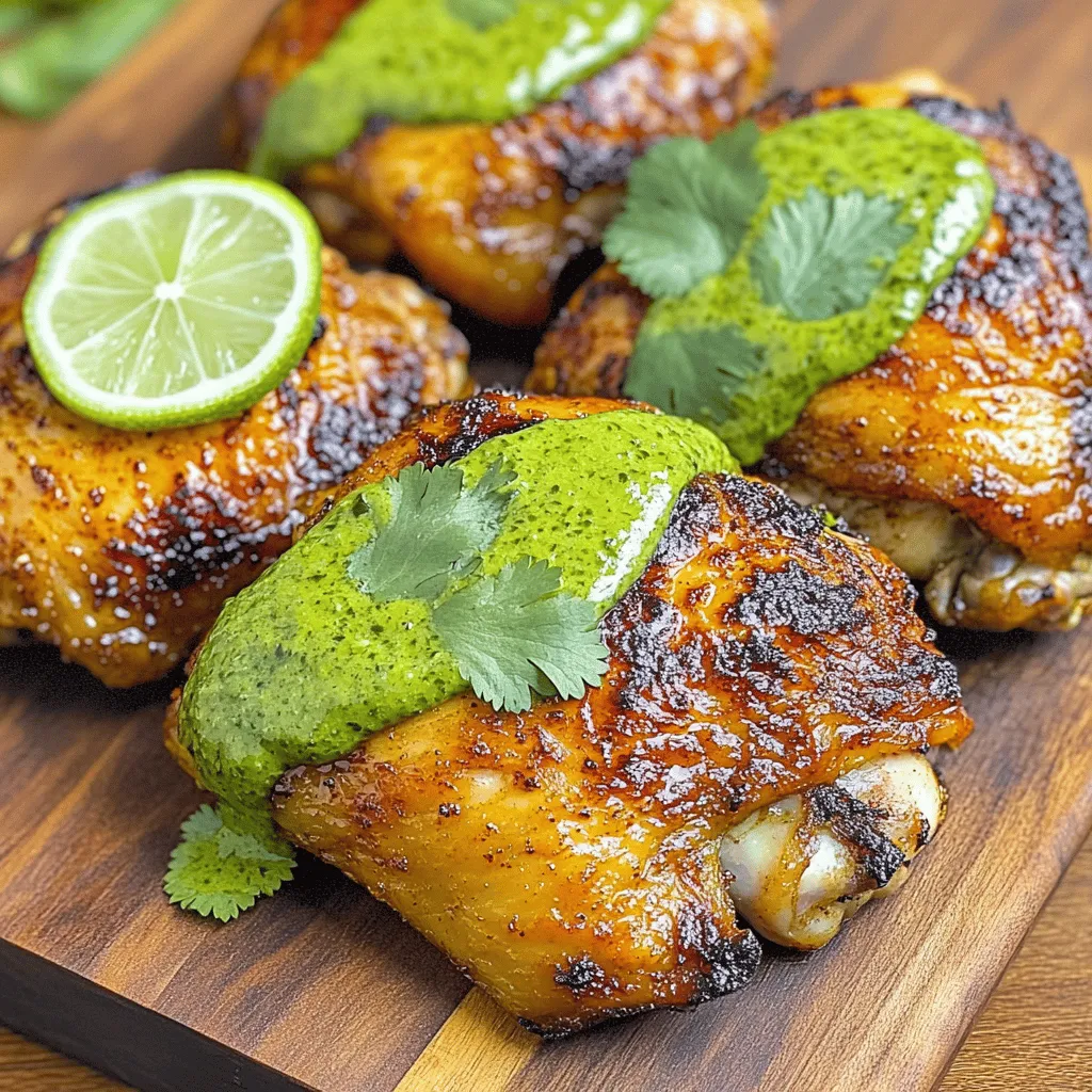 - 4 chicken thighs, bone-in and skin-on - Salt and pepper to taste - 4 garlic cloves, minced - 2 teaspoons paprika - 1 teaspoon cumin - 1 teaspoon dried oregano - Juice of 2 limes - 2 tablespoons olive oil - 1 cup fresh cilantro leaves - 1 jalapeño, seeds removed - 1/2 cup mayonnaise - 1/4 cup sour cream - 1 tablespoon lime juice - 1 tablespoon distilled vinegar - 1/2 teaspoon salt To make Peruvian chicken with green sauce, you need some key ingredients. First, the chicken. I use chicken thighs because they stay juicy and tender. The skin adds flavor and crispiness. Next, the marinade. Garlic gives it a strong taste. Paprika and cumin add warmth and depth. Oregano brings a slight earthiness. The lime juice brightens everything, while olive oil keeps the chicken moist. Don’t forget to season with salt and pepper for balance. Now, let’s talk about the Aji Verde sauce. This sauce is what makes this dish pop! Fresh cilantro gives it a vibrant color and taste. The jalapeño adds just the right kick, but you can adjust this to your liking. Mayonnaise and sour cream create a creamy base. Lime juice and vinegar give it a tangy finish, while salt enhances all the flavors.To start, you need to marinate the chicken. In a large bowl, combine the minced garlic, paprika, cumin, oregano, lime juice, olive oil, salt, and pepper. Mix these well. Then, add the chicken thighs to the bowl. Make sure each piece is fully coated with the marinade. Cover the bowl and place it in the refrigerator. Let it marinate for at least one hour. For the best flavor, try to marinate overnight. Next, it