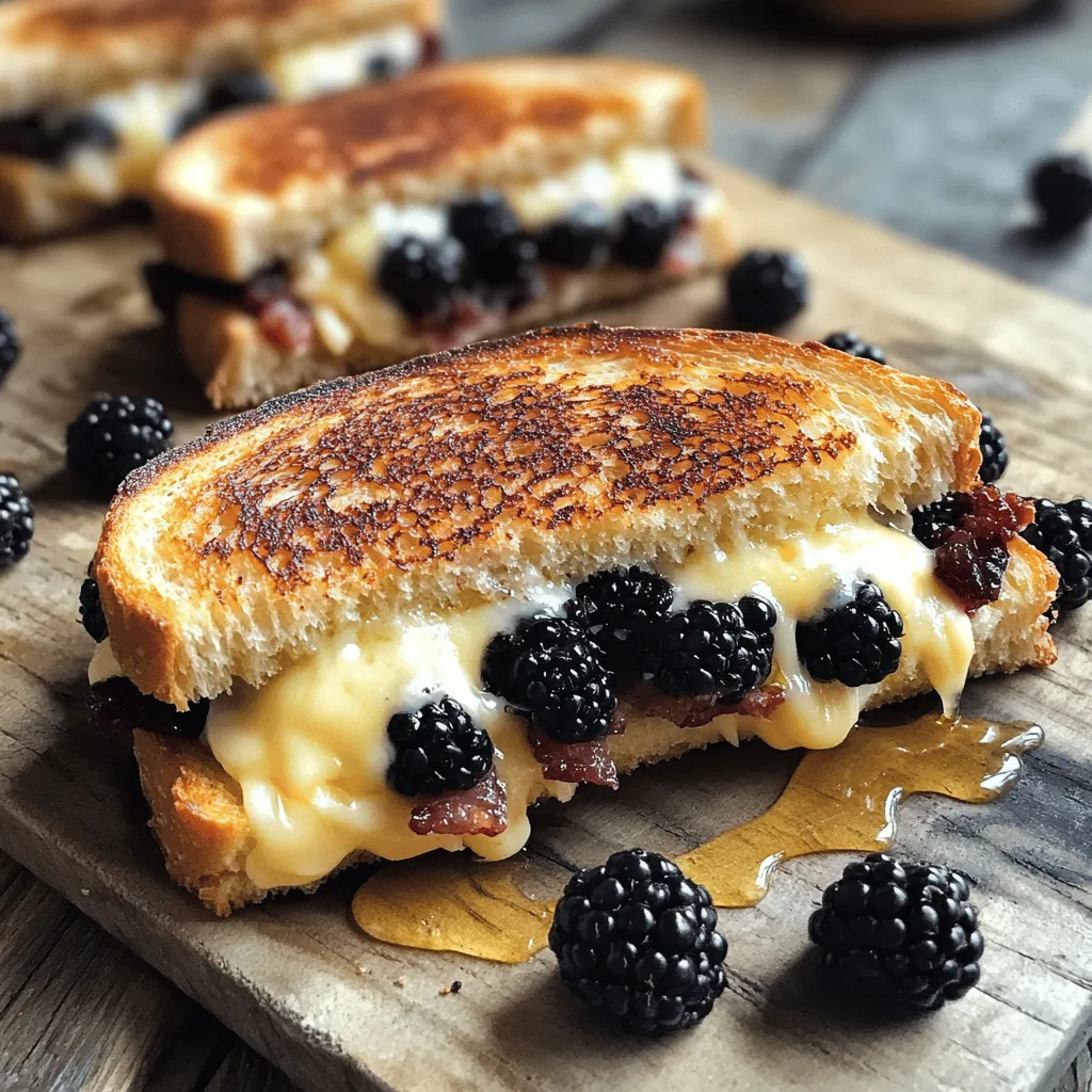 To make the Brie, Bacon & Blackberry Grilled Cheese, you need: - 4 slices of sourdough bread - 4 ounces Brie cheese, sliced - 4 strips of cooked bacon, chopped - 1/3 cup fresh blackberries - 2 tablespoons honey - 2 tablespoons unsalted butter, softened - Salt and pepper to taste