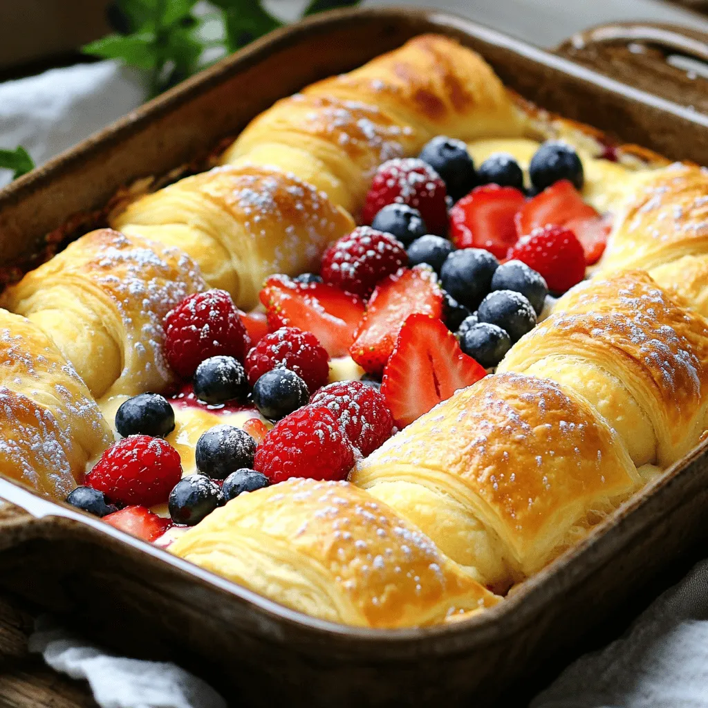 - <strong>Refrigerated crescent rolls</strong>: These provide a flaky, buttery base for the dish. They are easy to unroll and layer, making them perfect for your casserole. – <strong>Cream cheese</strong>: This is a key ingredient. It adds a rich, creamy texture and a slight tang. Make sure it is softened for easy mixing. – <strong>Sweeteners and flavorings</strong>: I use granulated sugar and vanilla extract. The sugar gives sweetness, while vanilla adds depth to the flavor. – <strong>Eggs and sour cream</strong>: Eggs help bind the filling, giving it a nice structure. Sour cream adds moisture and a hint of tanginess, balancing the sweetness. – <strong>Optional toppings for serving</strong>: Fresh berries like strawberries, blueberries, or raspberries make a great topping. They add color and freshness. Whipped cream is also a lovely, creamy addition. This simple list creates a delightful dessert that feels special.1. <strong>Preheat your oven</strong> to 350°F (175°C). This helps the casserole bake evenly. 2. <strong>Prepare your baking dish</strong>. Grease a 9×13 inch dish with non-stick spray or butter. This keeps the rolls from sticking. 3. <strong>Layer the crescent rolls</strong>. Unroll one can and place half of the rolls in the dish. Press them together to form a solid layer. This will be the base of your casserole. 4. <strong>Make the cheesecake filling</strong>. In a mixing bowl, beat 8 oz of softened cream cheese until smooth. Add ½ cup of granulated sugar gradually. Mix until creamy. 5. <strong>Add flavor</strong>. Mix in 1 tsp of vanilla extract. Then, add 2 large eggs one at a time, mixing well after each. This helps the filling to be rich and fluffy. 6. <strong>Finish the filling</strong>. Fold in 1 cup of sour cream, ½ cup of powdered sugar, and 1 tsp of lemon juice. Mix until everything is blended smoothly. 1. <strong>Pour the filling</strong>. Spread the cheesecake mixture evenly over the crescent roll layer using a spatula. This keeps the filling in place. 2. <strong>Add the top layer</strong>. Unroll the second can of crescent rolls. Place them gently on top of the filling. Don’t worry if it’s not perfect; it will bake nicely. 3. <strong>Bake</strong>. Place the dish in the preheated oven. Bake for 30-35 minutes. The top should be golden brown, and the filling should be set. 1. <strong>Cool down</strong>. Once baked, remove it from the oven. Let it cool for about 10 minutes. This helps the layers firm up. 2. <strong>Add fresh berries</strong>. Sprinkle ¼ cup of fresh berries on top for a burst of flavor and color. 3. <strong>Optional whipped cream</strong>. Serve with a dollop of whipped cream on the side if you like it extra creamy.To get that creamy filling, mix the cream cheese first. Use an electric mixer on medium speed until it’s smooth. This helps avoid lumps. Next, add the granulated sugar slowly. This method keeps the texture nice and creamy. After that, add the eggs one at a time. Mix well after each egg. This helps the filling stay fluffy. Finally, fold in the sour cream, powdered sugar, and lemon juice gently. This keeps the mixture light and airy. For even baking, preheat your oven to 350°F (175°C) before you start. Make sure to grease your baking dish well. I use non-stick spray or butter to coat the dish. This prevents sticking and helps the casserole cook evenly. When it bakes, watch for a golden top. It should look firm and set, not jiggly. To make your casserole look fancy, add fresh berries on top. Strawberries, blueberries, or raspberries work well. They add color and a fruity flavor. You can also sprinkle powdered sugar for a sweet touch. If you want extra creaminess, serve with whipped cream on the side. For special occasions, try serving it warm with a scoop of vanilla ice cream. It’s a fun twist! If you have leftovers, slice them into smaller pieces. They make great snacks or breakfast treats. One common mistake is overmixing the filling. This can make it too dense. Mix just until everything is combined and smooth. Another mistake is not greasing the baking dish properly. A well-greased dish prevents sticking and ensures easy serving. If the casserole sticks, it can ruin the pretty layers. Overall, keep these tips in mind to enjoy a perfect Cheesecake Crescent Rolls Casserole.{{image_2}} You can change the flavors of your Cheesecake Crescent Rolls Casserole to make it even more fun. Try different fruit toppings to give it a fresh taste. Here are some great options: – Fresh strawberries – Blueberries – Raspberries – Sliced peaches or nectarines You can also explore alternate flavorings. <a class=