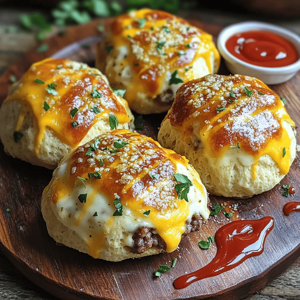 Garlic Parmesan cheeseburger bombs are a tasty twist on a classic favorite. They are stuffed cheeseburgers wrapped in biscuit dough. Each bite bursts with flavor from the beef, cheese, and garlic.