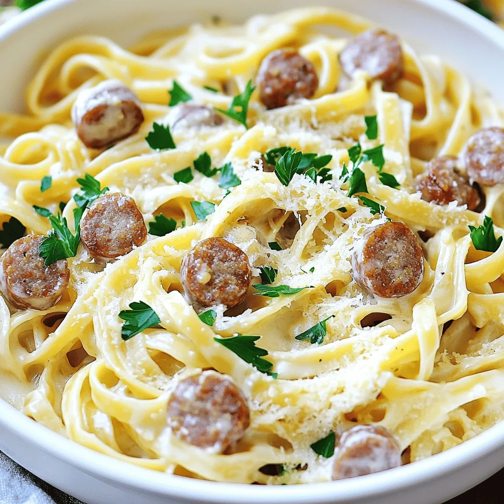 To make Sausage Alfredo Pasta, gather these fresh and tasty ingredients: - 8 ounces fettuccine pasta - 1 tablespoon olive oil - 1 pound Italian sausage - 4 cloves garlic - 1 cup heavy cream - 1 cup grated Parmesan cheese - 1 teaspoon Italian seasoning - Salt and pepper to taste - Fresh parsley for garnish - Extra Parmesan for serving These ingredients blend to create a creamy and rich dish. You can choose between mild or spicy sausage, depending on your taste. The garlic adds a wonderful aroma, while the heavy cream makes the sauce silky smooth. Don