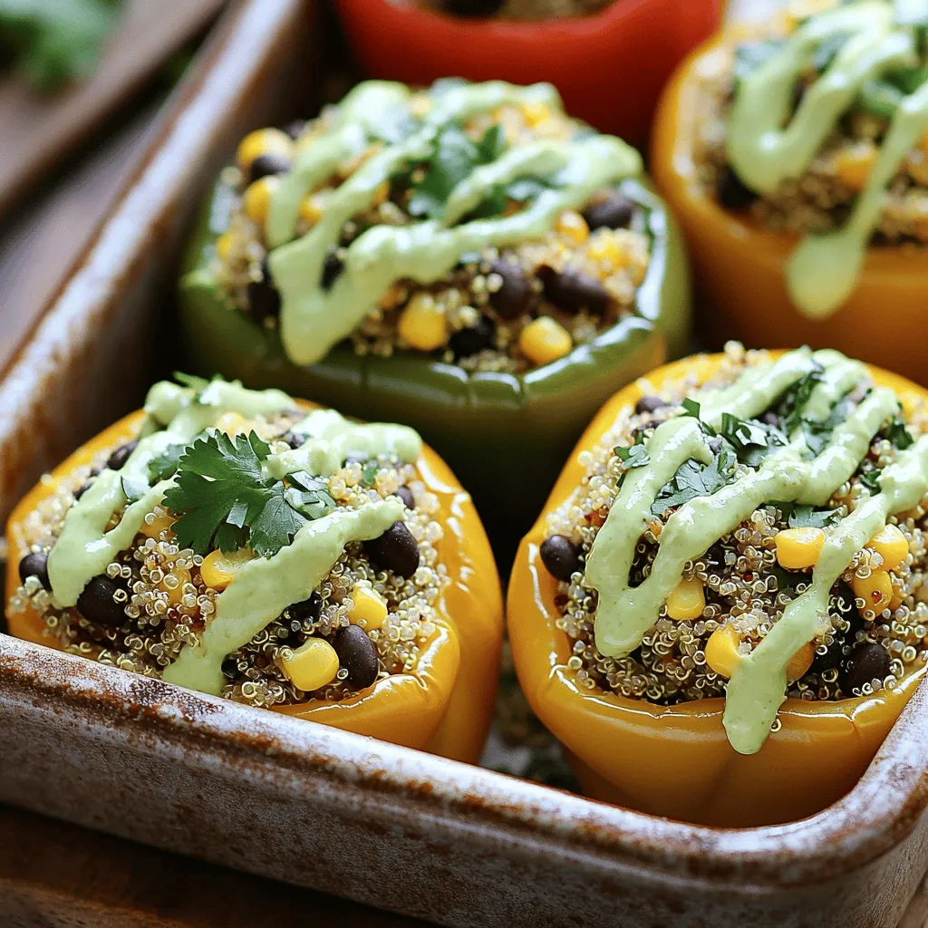 - 4 large bell peppers (any color) - 1 cup quinoa, rinsed - 2 cups vegetable broth - 1 can black beans (15 oz), drained and rinsed - 1 cup corn kernels (fresh, frozen, or canned) - Seasonings: cumin, smoked paprika, salt, and pepper - Fresh cilantro for garnish