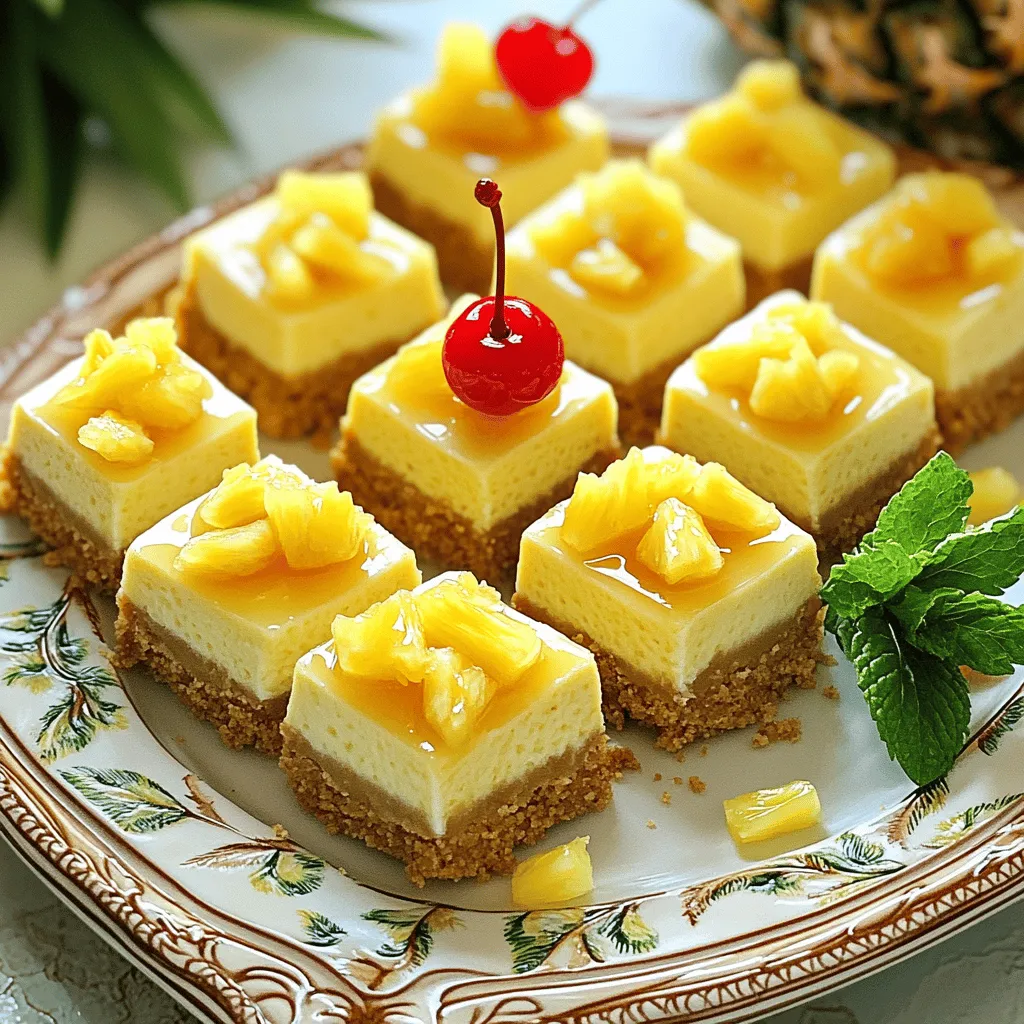 - 1 cup graham cracker crumbs - 1/2 cup unsalted butter, melted - 1 tablespoon brown sugar - 8 oz cream cheese, softened - 1/2 cup powdered sugar - 1/2 teaspoon vanilla extract - 1 cup crushed pineapple, drained - 1/4 cup chopped pecans or walnuts (optional) - Maraschino cherries for topping