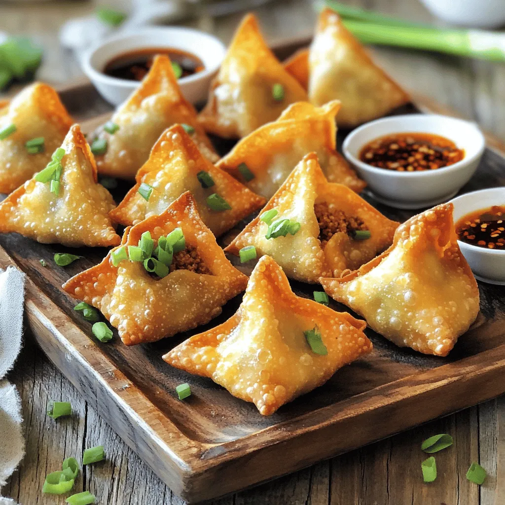 - 1 pound ground pork - 2 tablespoons soy sauce - 1 tablespoon sesame oil - 1 tablespoon ginger, minced - 2 cloves garlic, minced - 1 tablespoon sriracha (adjust to taste) - 1/2 teaspoon red pepper flakes (optional for extra spice) - 1 green onion, finely chopped - 1 pack of wonton wrappers (about 50 wrappers) - Salt and pepper to taste - Water (for sealing wontons) - Vegetable oil (for frying) The main ingredients create a rich flavor in your spicy pork wontons. Ground pork gives a juicy base. The soy sauce and sesame oil add depth, while ginger and garlic bring a fresh kick. Sriracha and red pepper flakes turn up the heat. Green onions add a nice crunch and color. - Spices and Herbs - Dipping Sauce Ingredients (soy sauce and chili oil) You can spice things up with optional herbs and spices. Try adding cilantro or some chili powder for extra flavor. For dipping, soy sauce and chili oil make a great pair. They add a savory touch that complements the wontons perfectly. - Mixing Bowl - Frying Pan - Slotted Spoon You need a few tools to make this dish. A mixing bowl helps blend the filling well. A frying pan is key for cooking the wontons until crispy. A slotted spoon makes it easy to lift the hot wontons out of the oil.Start by mixing the filling. In a large bowl, combine the ground pork, soy sauce, sesame oil, minced ginger, minced garlic, and sriracha. Add red pepper flakes if you want extra heat. Season with salt and pepper to taste. Mix it all well until everything blends nicely. This filling gives your wontons a bold flavor. Next, prepare your wonton wrappers. Lay them out on a clean surface. This helps you work faster. Keep a small bowl of water nearby. You will use this to seal the wontons later. To fold a wonton, take one wrapper and place about a teaspoon of filling in the center. Dip your finger in water and moisten the edges of the wrapper. Fold it over to form a triangle. Press out any air and seal the edges tightly. This shape is classic and easy to make. If you want to try something different, you can create a more traditional wonton shape. Bring the two corners of the triangle together. Wet the edges again to seal them well. This gives a nice look and holds the filling inside. Now it