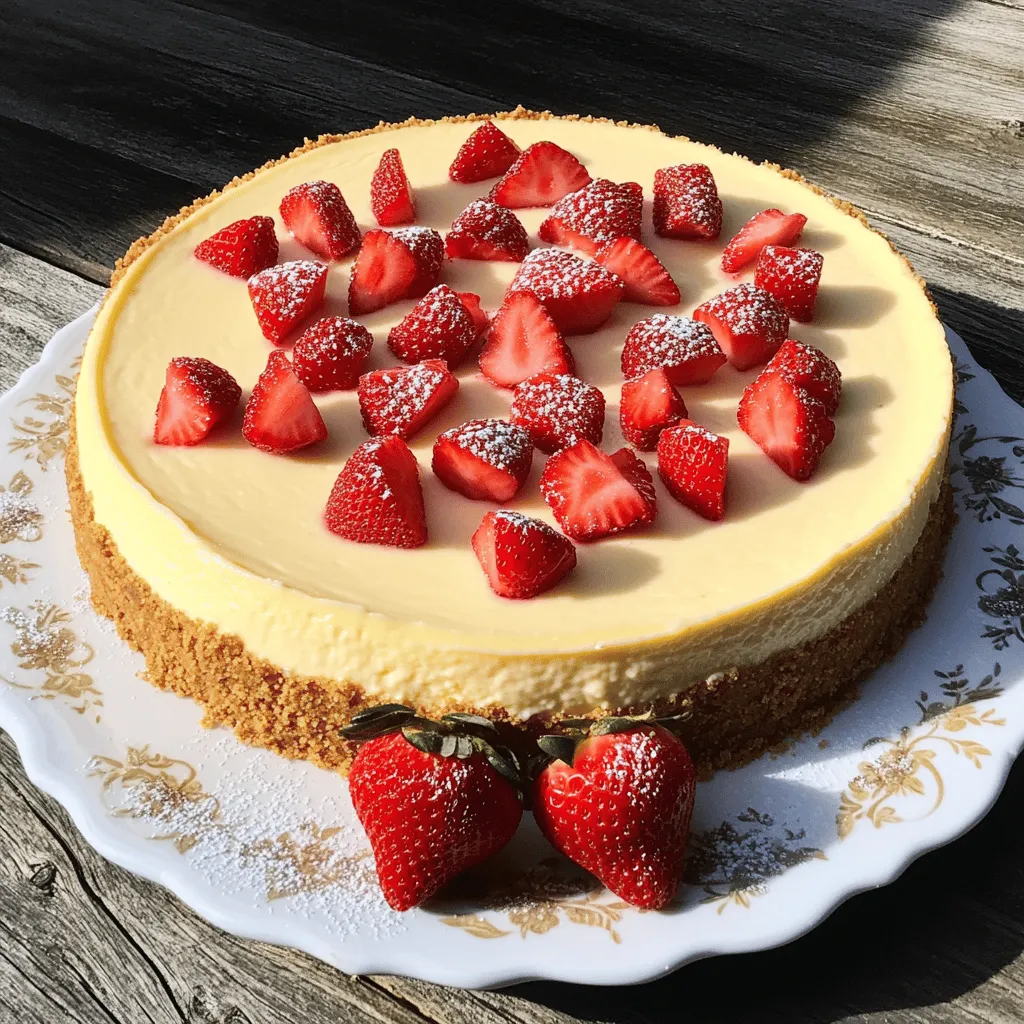 - 1 ½ cups graham cracker crumbs - ½ cup unsalted butter, melted - 1/3 cup granulated sugar - 4 (8 oz) packages cream cheese, softened - 1 cup granulated sugar - 1 teaspoon vanilla extract - 4 large eggs - 1 cup sour cream - 1/4 cup all-purpose flour - 1 cup fresh strawberries, diced - Extra strawberries for garnish