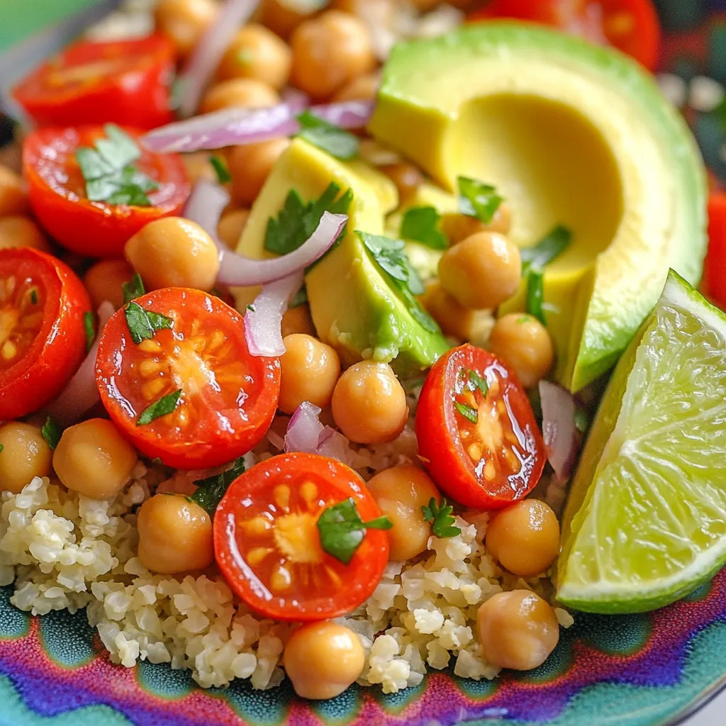 To create a delicious cauliflower rice bowl, gather these main ingredients: - 1 medium head of cauliflower, grated into rice-sized pieces - 1 cup chickpeas, drained and rinsed - 1 red bell pepper, diced - 1 small red onion, finely chopped - 1 cup cherry tomatoes, halved - 1 avocado, sliced These ingredients bring great flavor and texture to your bowl. The cauliflower serves as a healthy base, while chickpeas add protein. Fresh veggies like bell pepper and tomatoes enhance the taste. Now, let’s add some spices and seasonings to elevate the flavor: - 2 tablespoons olive oil - 1 teaspoon smoked paprika - 1 teaspoon cumin - Salt and pepper to taste - Juice of 1 lime Using olive oil helps to sauté the veggies. Smoked paprika and cumin bring a warm, earthy taste. The lime juice adds brightness and a refreshing zing. Want to customize your bowl? Try these optional toppings and garnishes: - Fresh parsley, chopped, for garnish Adding parsley gives a fresh touch. You can also include extra toppings like sliced jalapeños or a dollop of yogurt for creaminess.Start with a medium head of cauliflower. Remove the leaves and stem. Cut it into smaller chunks. Use a food processor or a box grater. Pulse or grate until it looks like rice. This step makes your cauliflower rice light and fluffy. Set it aside while you prep the rest of the dish. Grab a large skillet and add two tablespoons of olive oil. Heat it over medium heat. Add the finely chopped red onion. Sauté it for three to four minutes. Wait until it turns translucent. Then, toss in the diced red bell pepper. Sauté for another three to four minutes. Next, add the drained chickpeas, smoked paprika, cumin, salt, and pepper. Cook this mix for about five minutes. Stir it occasionally to blend the flavors. Now it
