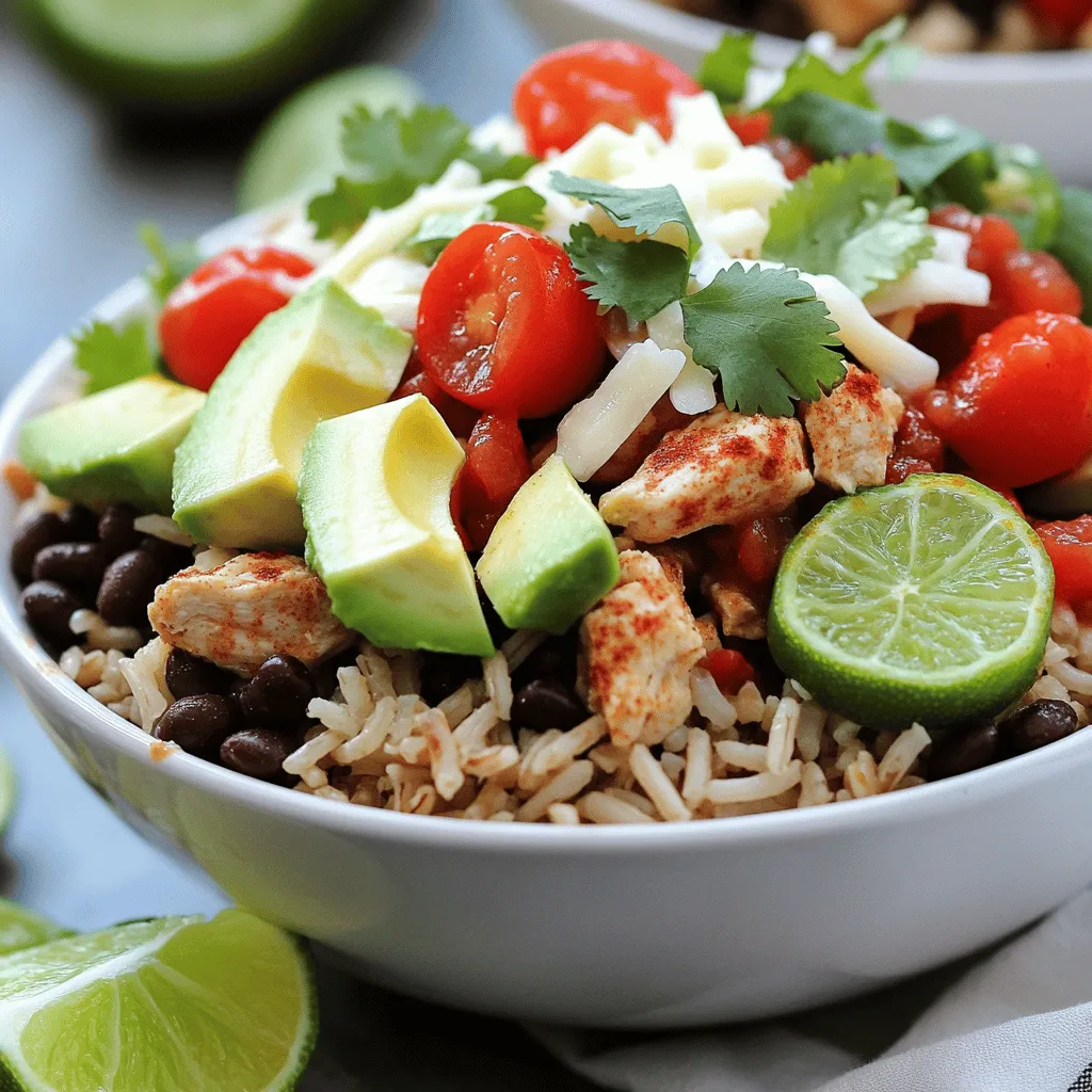 When I think of a burrito bowl, I focus on fresh, simple ingredients. The base starts with two cups of cooked brown rice. This gives you a hearty foundation. Next, I use two diced chicken breasts. They add protein and flavor.