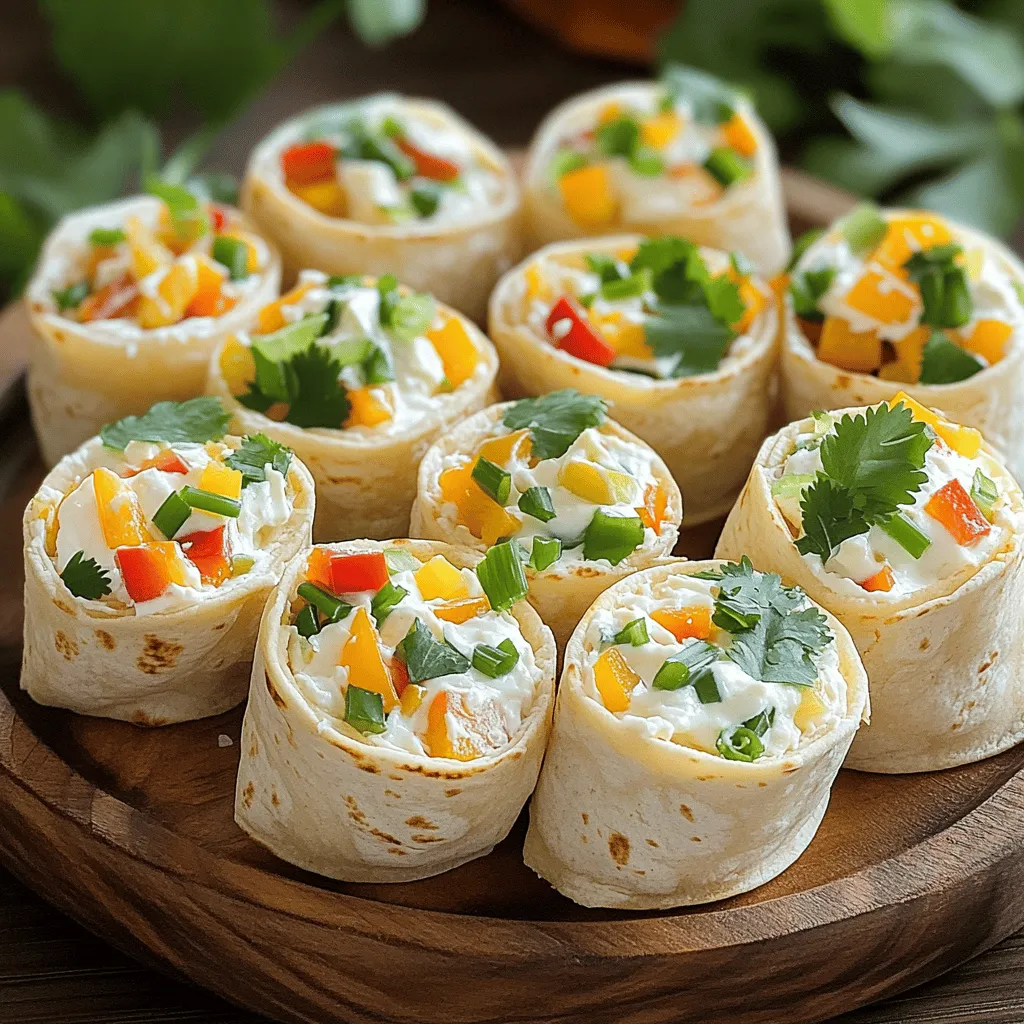 To make cream cheese tortilla bites, you need simple ingredients. You will need four large flour tortillas. Use eight ounces of softened cream cheese for that rich flavor. You should also have one cup of shredded cheddar cheese. Dice up a cup of colorful bell peppers—red, yellow, and green work best. Don