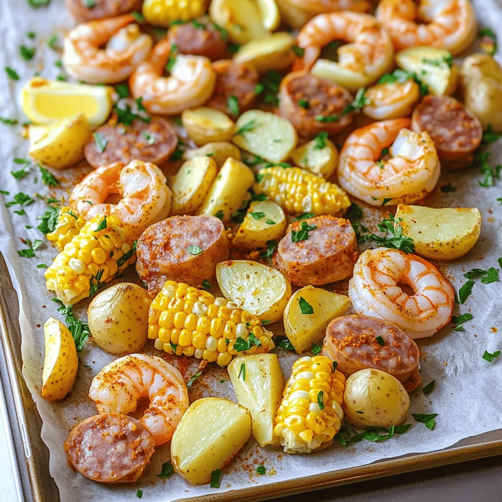 - 1 lb large shrimp, peeled and deveined - 1 lb baby potatoes, halved - 2 ears of corn, cut into 1-inch pieces - 1/2 lb smoked sausage, sliced into rounds