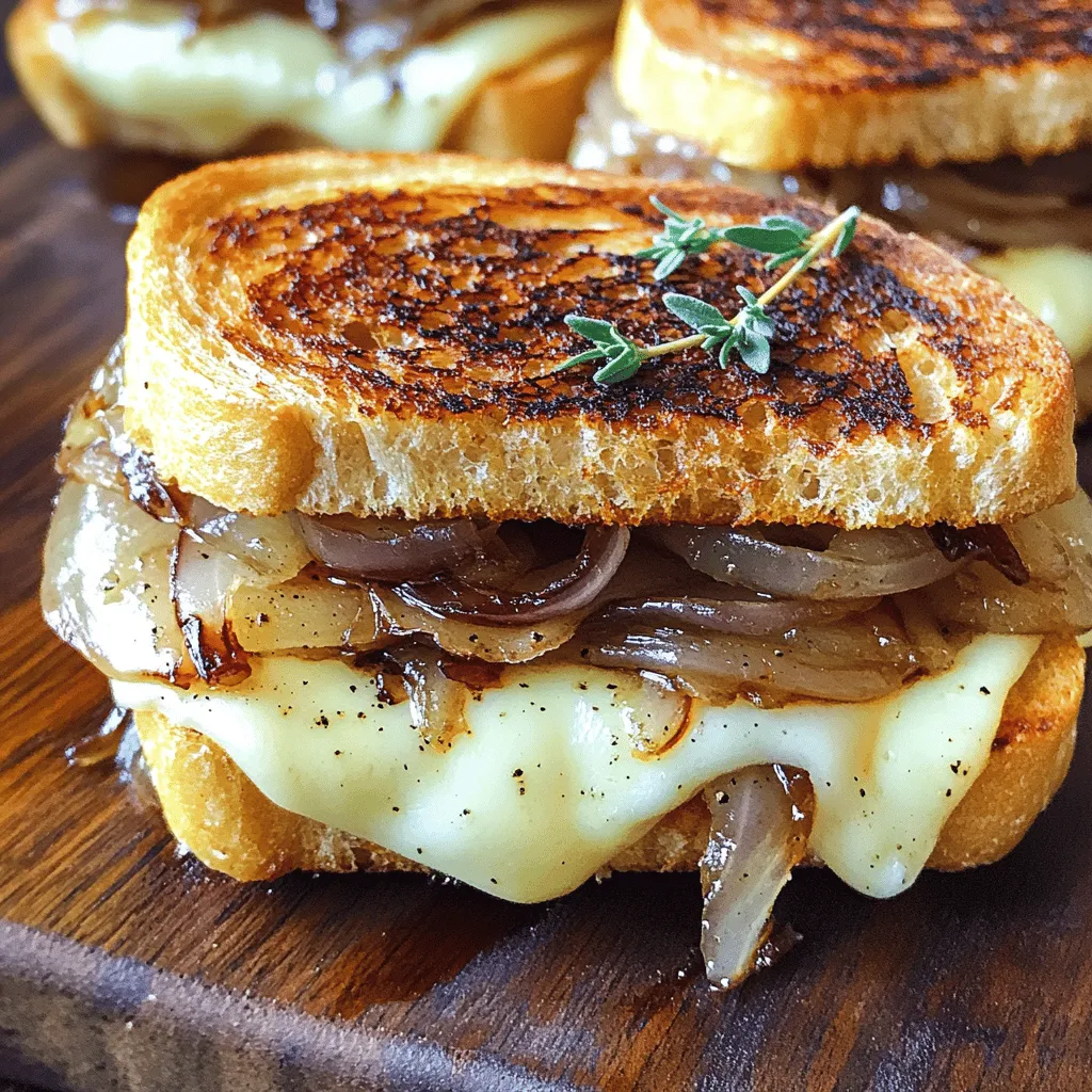 - 2 large onions, thinly sliced - 2 tablespoons olive oil - 1 tablespoon butter - 1 teaspoon sugar - Salt and pepper to taste - 4 slices of crusty bread (like sourdough or French bread) - 8 slices of Gruyère cheese (or a mix of Gruyère and Swiss) - 1 tablespoon fresh thyme leaves (or 1 teaspoon dried thyme) - 1/2 cup beef or vegetable broth - Optional: 1 tablespoon balsamic vinegar for added depth