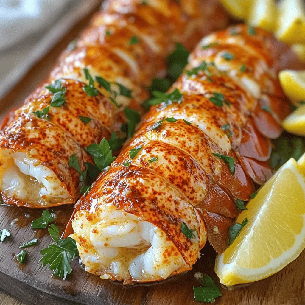 - 4 lobster tails - 1/2 cup unsalted butter - 4 cloves garlic, minced - 1 cup heavy cream - 1 teaspoon smoked paprika - 1 tablespoon lemon juice - Salt and pepper to taste - Fresh parsley for garnishing - Lemon wedges for serving Gather these ingredients to create a rich dish. The lobster tails bring sweet, tender meat. The unsalted butter adds creaminess, while garlic gives it a strong flavor. Heavy cream makes the sauce silky. For seasonings, smoked paprika adds a nice depth. Lemon juice brightens the dish and balances the richness. Adjust salt and pepper to taste. Fresh parsley adds a pop of color and freshness. Lemon wedges are perfect for squeezing over the finished dish. This recipe is simple yet elegant. You can impress guests or enjoy a special meal at home.- Preheat your oven to 375°F (190°C). - To prepare the lobster tails, take kitchen shears. Cut the top shell lengthwise, stopping at the tail fin. Gently pull apart the shell to expose the meat. This helps the sauce soak in. - In a large skillet, melt your unsalted butter over medium heat. - Add minced garlic and sauté for about 1-2 minutes until fragrant. Watch closely so it does not burn. - Pour in the heavy cream, stirring constantly. Add smoked paprika, lemon juice, salt, and pepper. Bring the mixture to a gentle simmer. Cook for about 5 minutes. This thickens the sauce nicely. - Place the lobster tails in a baking dish. Spoon a generous amount of the creamy garlic butter sauce over the exposed lobster meat. - Bake in the preheated oven for 15-20 minutes. Cook until the lobster meat is opaque and cooked through. Baste with extra sauce halfway through cooking for added flavor. - Once done, remove from the oven and sprinkle fresh parsley on top for garnishing.Enjoy your delicious creation! Basting is key when cooking lobster tails. It keeps the meat juicy and full of flavor. Halfway through baking, use a spoon to drizzle the creamy garlic butter sauce over the lobster. This step ensures every bite is packed with taste. To check for doneness, look for color changes in the meat. Cooked lobster meat turns opaque and firm. You can also use a fork to gently flake the meat. If it separates easily, it’s done! For a stunning presentation, use a large platter. Arrange the lobster tails in a circle. Drizzle any remaining garlic butter sauce over the tails. Add lemon wedges around the edges for a pop of color. A sprinkle of fresh parsley on top adds a nice touch. Pair your lobster tails with simple sides like steamed asparagus or a light salad. A crisp white wine, like Chardonnay, complements the richness of the dish. For a fun twist, serve with garlic bread for dipping!{{image_2}} You can change the taste of creamy garlic butter lobster tails by adding fresh herbs. Try thyme or basil for a fresh twist. These herbs add depth and a lovely aroma. You can also mix in chili flakes for a nice kick. The heat from the chili flakes balances the rich butter sauce. Adjust the amount based on your heat preference. You can cook lobster tails in different ways to suit your taste. Grilling adds a smoky flavor that many love. Simply place the tails on the grill and brush with the garlic sauce. Baking is easy and keeps the meat moist. It’s a great option for a cozy night in. Using the broiler is another method. It gives the lobster a crispy finish on top. Just watch the time closely; broiling cooks fast. You want the meat to be tender, not overdone. Each method offers a unique taste, so feel free to experiment. To store your creamy garlic butter lobster tails, let them cool first. Place them in an airtight container. You can keep them in the refrigerator for up to three days. Make sure to cover the tails with some sauce to keep them moist. For freezing, wrap each lobster tail tightly in plastic wrap. Then, place them in a freezer bag. This method prevents freezer burn. You can keep frozen lobster tails for up to three months. Remember to label the bag with the date. When reheating, it