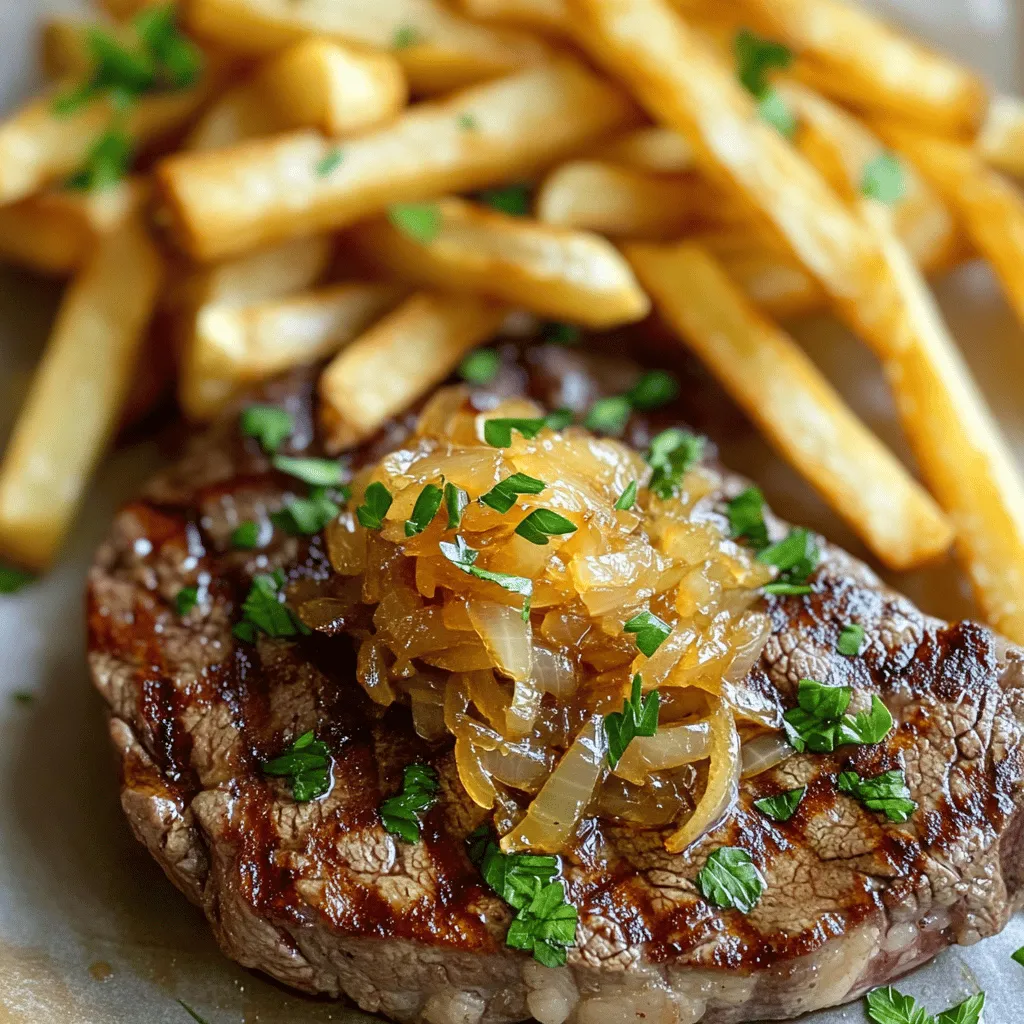 Ribeye Steak with French Onions and French Fries Delight