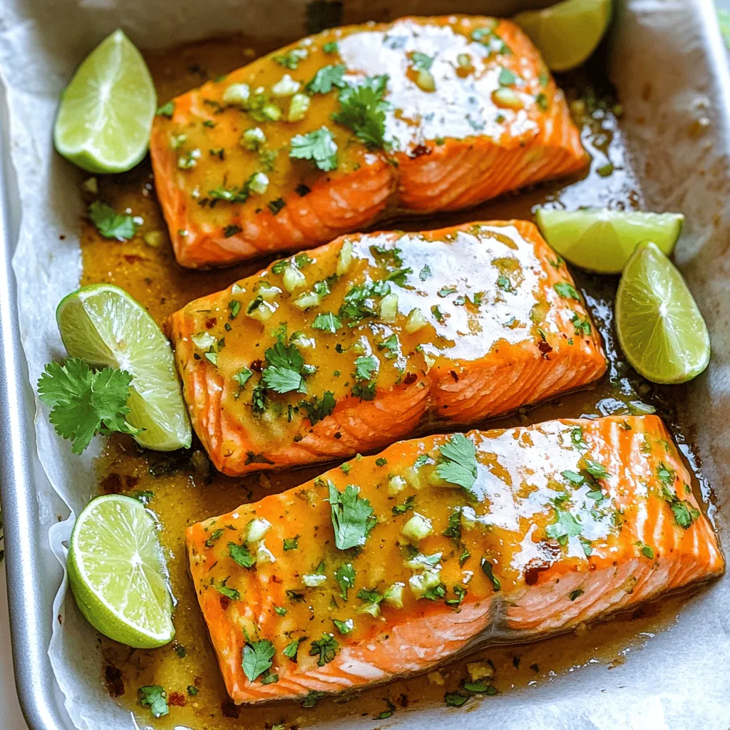 To make honey-lime garlic butter salmon, you need a few simple ingredients. First, get 4 salmon fillets, each about 6 ounces. You will also need 1/4 cup of unsalted butter, melted. For sweetness, use 2 tablespoons of honey. Freshness comes from 2 tablespoons of lime juice and 1 teaspoon of lime zest. Add 4 minced garlic cloves for a strong flavor. Lastly, have salt and pepper ready to taste, plus fresh cilantro or parsley for garnish. Don’t forget lime wedges for serving.