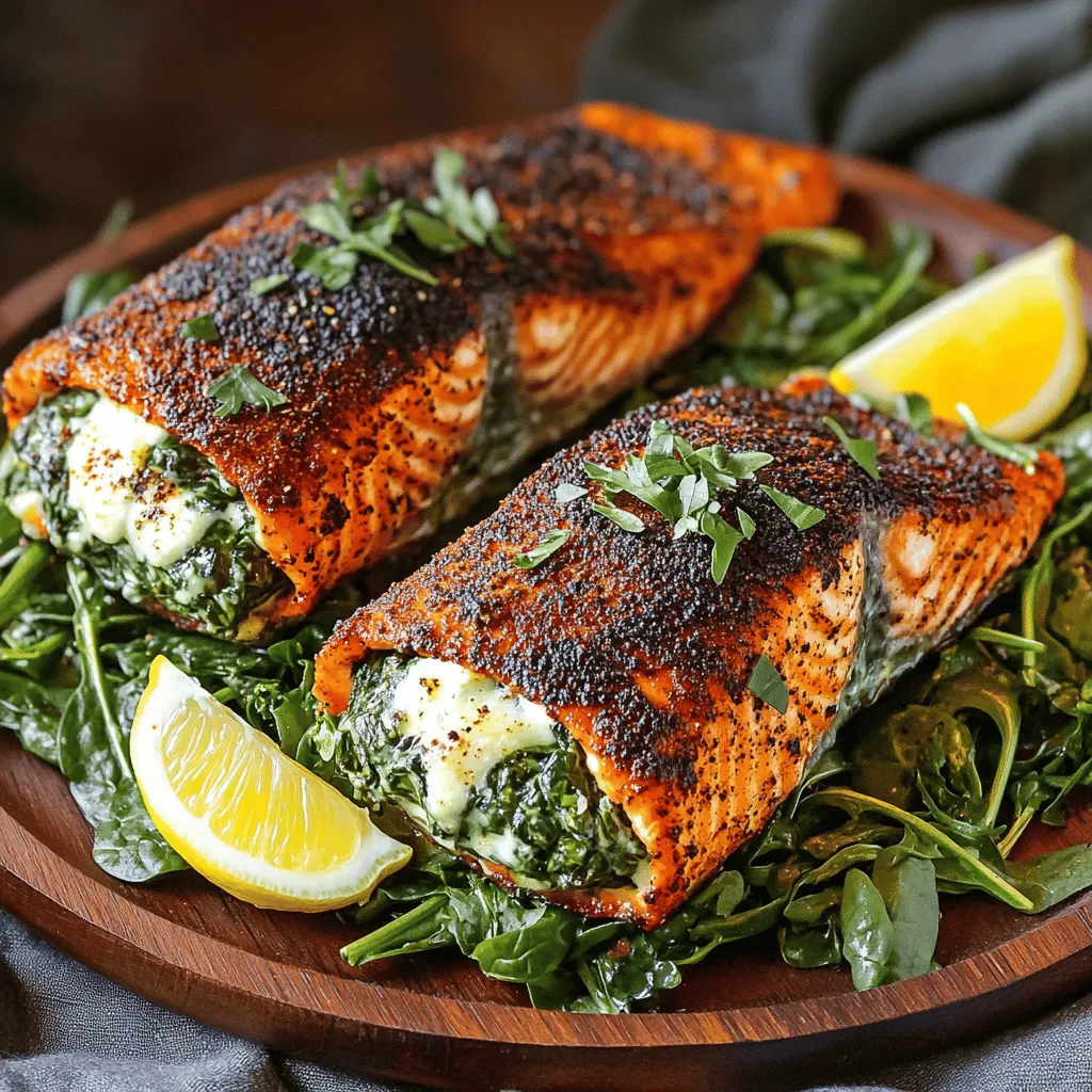 Blackened Salmon Stuffed with Creamy Spinach Delight