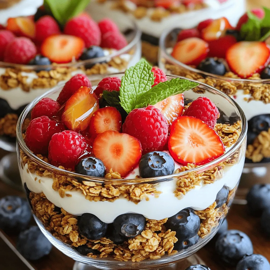 To make a Spring Berry Parfait, you need: - 2 cups mixed berries (strawberries, blueberries, raspberries) - 2 cups Greek yogurt (plain or vanilla) - 1 cup granola (your choice) - 2 tablespoons honey or maple syrup (optional) - Fresh mint leaves for garnish This parfait is not only tasty but also healthy. Each serving gives you a good mix of protein, fiber, and vitamins. Here’s a quick breakdown: - <strong>Calories</strong>: About 250 per serving - <strong>Protein</strong>: 10 grams from Greek yogurt - <strong>Fat</strong>: 5 grams, mostly from granola - <strong>Carbohydrates</strong>: 45 grams from berries and yogurt - <strong>Fiber</strong>: 4 grams from berries and granola This mix helps keep you full and satisfied while giving your body what it needs. When it comes to berries, freshness matters. Here are my top picks: - <strong>Strawberries</strong>: Sweet and juicy, they add a nice color. - <strong>Blueberries</strong>: These tiny gems are full of antioxidants. - <strong>Raspberries</strong>: Tart and flavorful, they balance the sweetness. You can use any mix you like, but I recommend fresh berries when in season. They taste better and have more nutrients. Try to choose organic options for the best flavor and health benefits. First, I wash the mixed berries well. If you use strawberries, I hull and slice them. This helps in mixing flavors. Next, I take a bowl and add Greek yogurt. If I want it sweeter, I mix in honey or maple syrup. I stir it until it blends nicely. I grab clear serving glasses or bowls. I start by adding about 1/4 cup of yogurt at the bottom. Then, I sprinkle in about 2 tablespoons of granola on top. After the granola, I toss in a generous handful of mixed berries. I repeat these layers until the glasses are full, always ending with berries on top. For a nice finish, I drizzle more honey or syrup and add mint leaves for color. I love serving the parfait right away for the best taste. If I need to prepare it ahead of time, I refrigerate it for up to an hour. This makes it a cool treat. You can also set out extra granola on the side for a fun crunch. Want the full details?When picking berries, look for bright colors. Fresh berries should feel firm yet slightly soft. Avoid any with bruises or mold. For strawberries, choose ones that smell sweet. Blueberries should be deep blue, and raspberries should be plump and intact. Buying organic is great for taste and health. You can mix and match your layers. Try different yogurts, like coconut or almond. Add nuts for crunch, or swap granola for oats. Want extra sweetness? Drizzle more honey or add maple syrup. You can even toss in a dash of cinnamon for flavor. Be creative and make it your own! Use clear glasses to show off those colorful layers. Start with yogurt, then granola, and finish with berries. For a fancy touch, add a mint leaf on top. You can also serve them on a tray with extra berries around. This makes it look special and inviting. If you want to chill them, refrigerate for an hour before serving.{{image_2}} You can make a vegan parfait by swapping Greek yogurt for plant-based yogurt. Look for options made from almond, coconut, or soy. These yogurts add creaminess without dairy. For sweetening, use agave syrup or maple syrup. This keeps your parfait tasty and vegan-friendly. For a gluten-free granola option, check labels when buying. Some brands use oats, nuts, and seeds that are gluten-free. You can also make your own. Combine oats, nuts, and a bit of honey. Bake until golden for a crunchy topping that fits your needs. While berries shine in spring, you can mix it up! Try peaches or mangoes in summer. Apples and pears work well in fall. In winter, consider citrus fruits like oranges or grapefruit. These changes keep your parfait exciting all year round.To store leftover Spring Berry Parfait, place it in an airtight container. This keeps the parfait fresh and tasty. You can stack layers in the container or keep them separate. If you keep them separate, the granola stays crunchy. Store the parfait in the fridge if you don