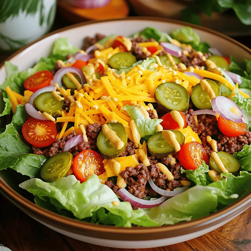 To create a delicious Keto Big Mac Salad, gather these main ingredients: - 1 pound ground beef - 4 cups Romaine lettuce, chopped - 1/2 cup cheddar cheese, shredded - 1/2 cup dill pickles, diced