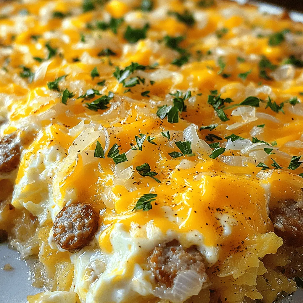 - 1 pound breakfast sausage - 1 small onion, diced - 2 cups frozen hashbrowns - 8 large eggs - 1 cup cream cheese, softened - 1 cup shredded cheddar cheese - 1/2 cup milk - 1 teaspoon garlic powder - 1 teaspoon paprika - Salt and black pepper - Optional: Chopped fresh parsley