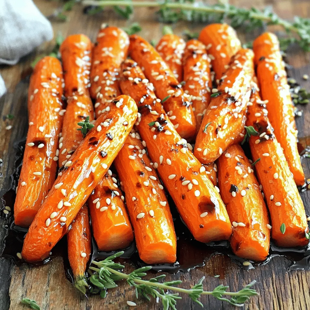 - Baby carrots or regular carrots - Balsamic vinegar and honey (or maple syrup) - Olive oil and garlic powder - Fresh thyme and seasoning - Optional garnish: sesame seeds