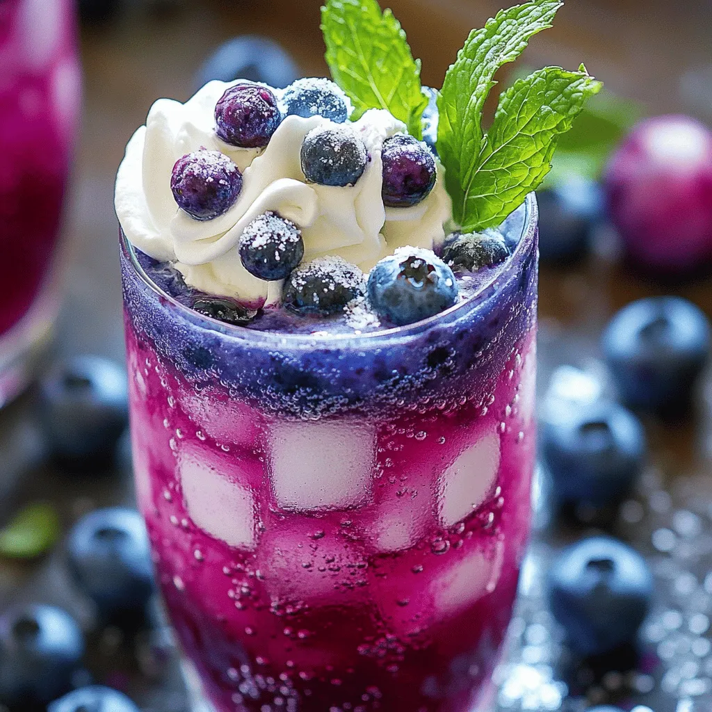 The main ingredients for this delightful treat are simple. You need fresh blueberries or frozen ones. You also need sugar-free blueberry syrup to sweeten the mix. Next, grab some sparkling water or club soda for that fizzy touch. Heavy cream or a non-dairy option adds the creamy element. Don