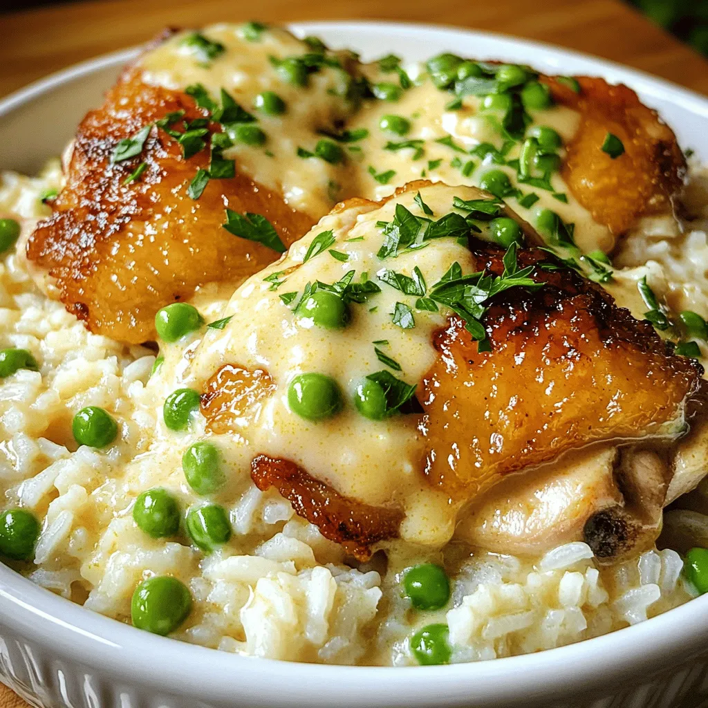 To make creamy smothered chicken and rice, you need simple and tasty ingredients. Here is a complete list: - Chicken and Rice Essentials - 4 boneless, skinless chicken thighs - 1 cup long-grain white rice - 2 cups chicken broth - 1 cup heavy cream - Aromatics and Flavorings - 1 medium onion, finely chopped - 2 cloves garlic, minced - 1 tablespoon olive oil - 1 teaspoon paprika - 1 teaspoon dried thyme - 1 teaspoon onion powder - ½ teaspoon black pepper - Salt to taste - Optional Garnishes - 1 cup frozen peas - Fresh parsley, for garnish These ingredients work together to create a rich and creamy sauce. The chicken thighs stay tender, while the rice soaks up all those flavors. You can add peas for color and nutrition. Fresh parsley adds a nice touch when you serve it.- <strong>Preparing the Chicken</strong>: Start by seasoning the chicken thighs. Use paprika, onion powder, black pepper, and salt. Rub the spices over the chicken to coat it evenly. This step adds a lovely flavor to your dish. - <strong>Searing for Flavor</strong>: Heat olive oil in a large skillet over medium heat. Once hot, add the seasoned chicken thighs. Sear them for about 5-6 minutes on each side. Look for a golden brown color. This step locks in the juices and creates a nice crust. - <strong>Sautéing Aromatics and Rice</strong>: In the same skillet, add the chopped onion and minced garlic. Cook for about 3-4 minutes until the onions turn translucent and smell great. Then, stir in the rice. Sauté for another minute. This adds depth to the flavor. - <strong>Simmering the Chicken Thighs</strong>: Pour in the chicken broth and bring the mixture to a gentle simmer. Place the seared chicken thighs back in the skillet. Cover it and let it cook for about 25 minutes. The rice should absorb most of the liquid and become tender. - <strong>Incorporating Cream and Peas</strong>: Once the rice is cooked, reduce the heat to low. Stir in the heavy cream and frozen peas. Mix everything well. Cook for an extra 5 minutes. The sauce will thicken slightly, making it rich and creamy. - <strong>Adjusting Seasoning</strong>: Taste the dish and adjust the seasoning. Add more salt and pepper if needed. This step ensures every bite is packed with flavor. Follow these steps carefully, and you will have a delicious creamy smothered chicken and rice.<strong>Ensuring Perfectly Cooked Rice</strong> To get fluffy rice, rinse it first. Rinsing removes excess starch. This helps stop the rice from clumping. Use a 1:2 rice-to-broth ratio. This means for every cup of rice, add two cups of broth. Bring the broth to a gentle boil before adding the rice. Once added, cover it tightly. Let it simmer without lifting the lid. This keeps steam in, cooking the rice evenly. <strong>Searing Tips for Best Flavor</strong> Searing your chicken adds great flavor. Use a hot skillet with oil. Make sure the oil shimmers before adding chicken. Sear each side until golden brown, about 5-6 minutes. Don